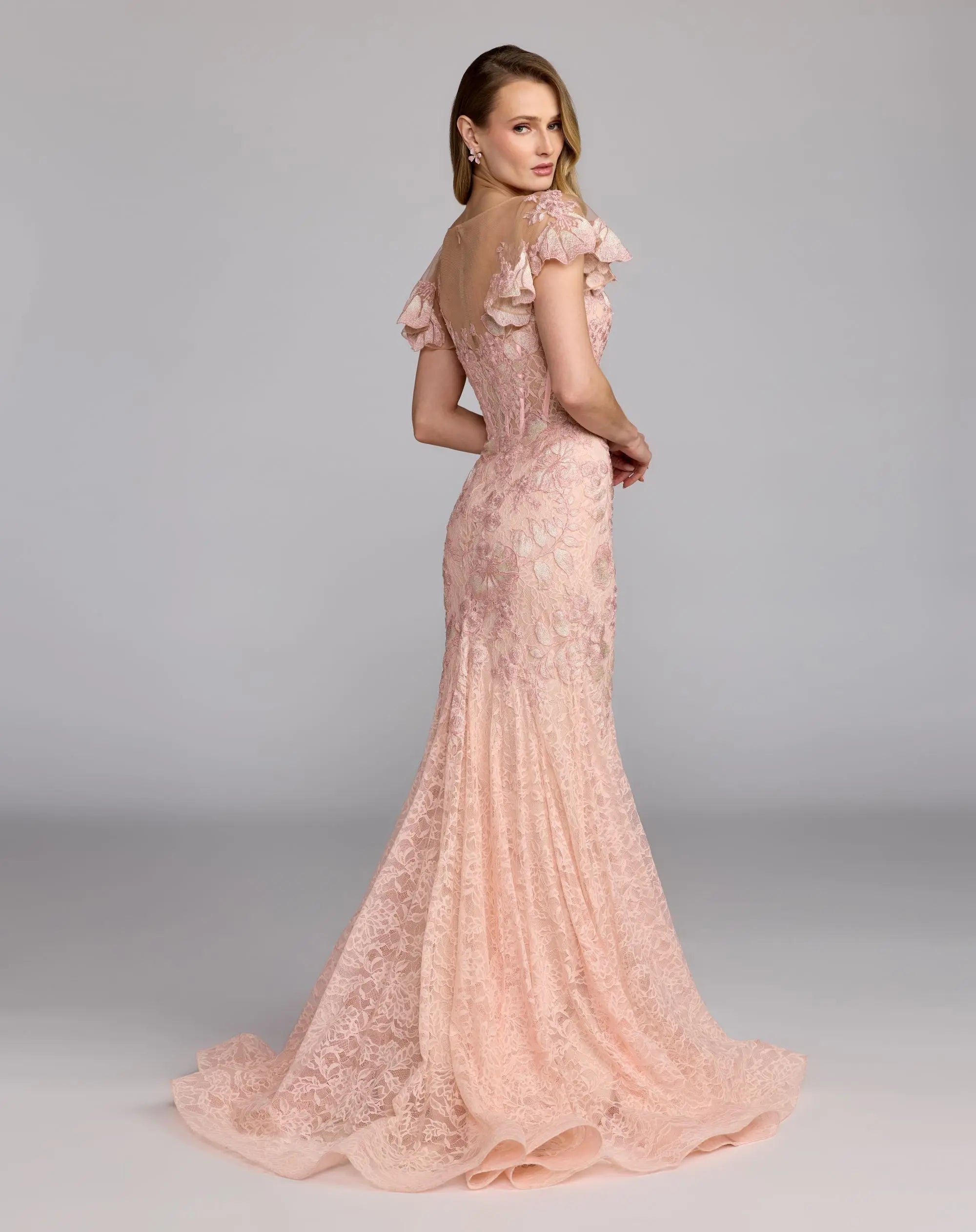 Pink Embroidered Lace Flutter Sleeve Mermaid Gown - Mac Duggal