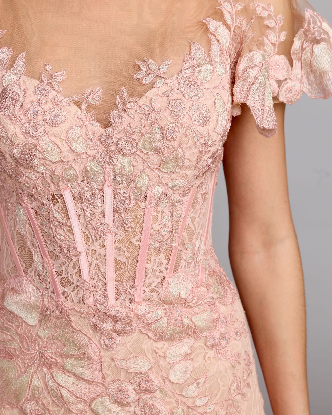 Pink Embroidered Lace Flutter Sleeve Mermaid Gown - Mac Duggal