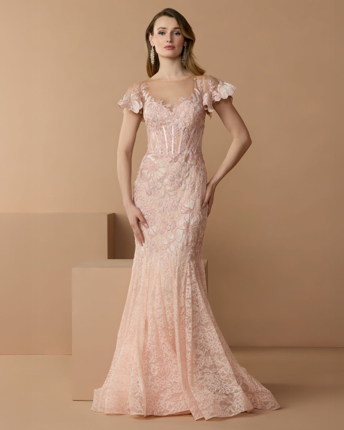 Pink Embroidered Lace Flutter Sleeve Mermaid Gown