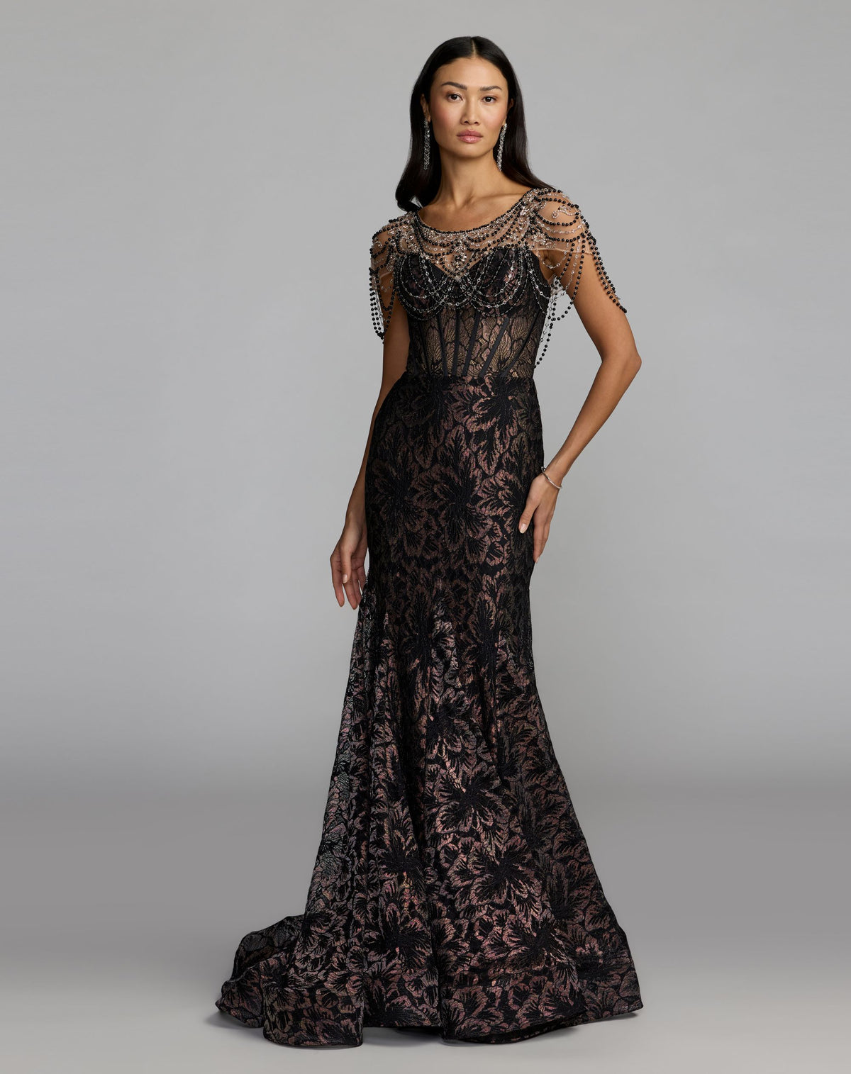 Black Lace Corset Gown With Draped Beading - Mac Duggal