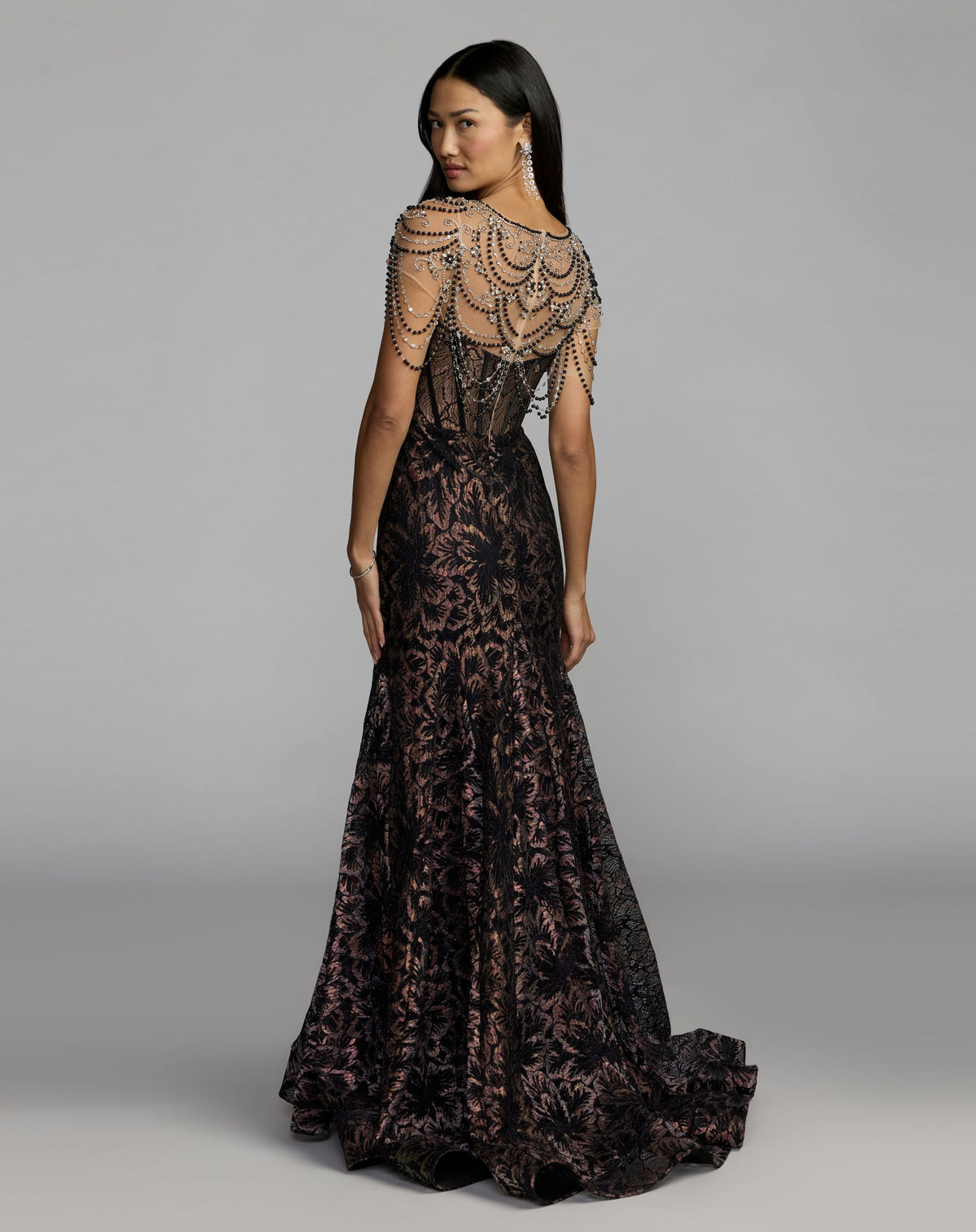 Black Lace Corset Gown With Draped Beading - Mac Duggal