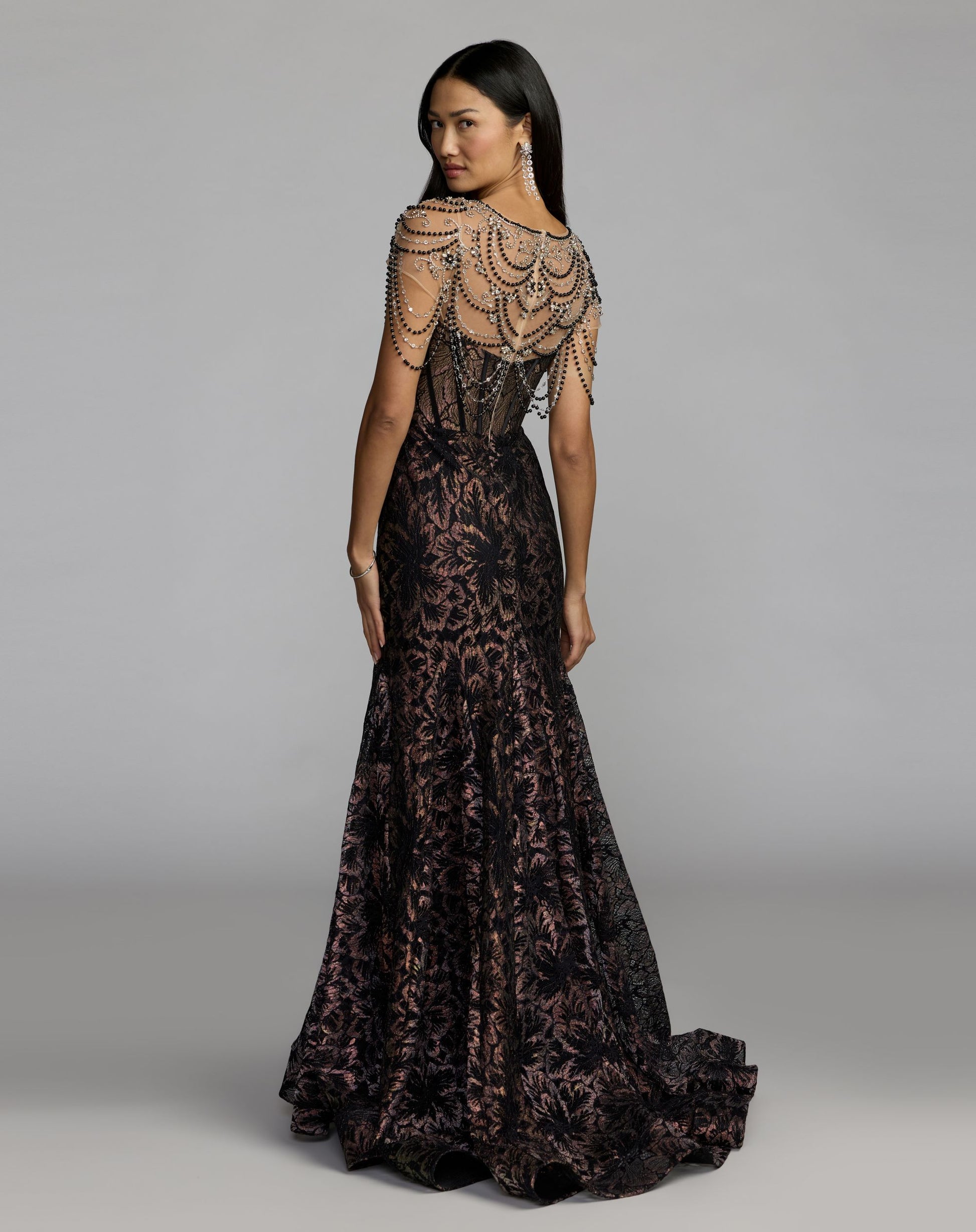 Black Lace Corset Gown With Draped Beading - Mac Duggal