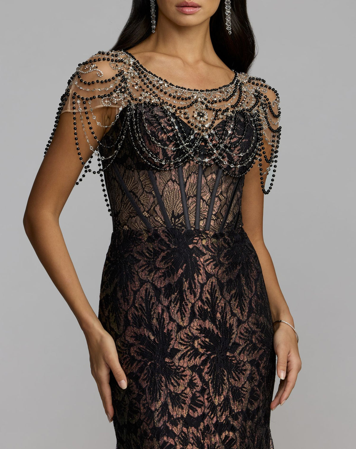 Black Lace Corset Gown With Draped Beading - Mac Duggal