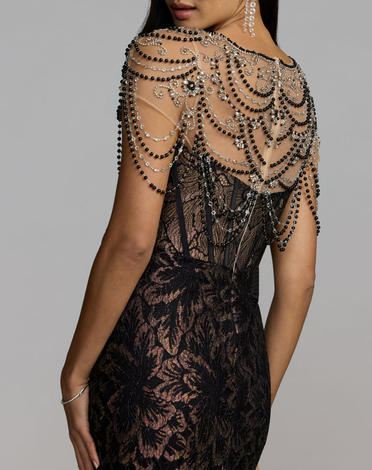 Black Lace Corset Gown With Draped Beading - Mac Duggal