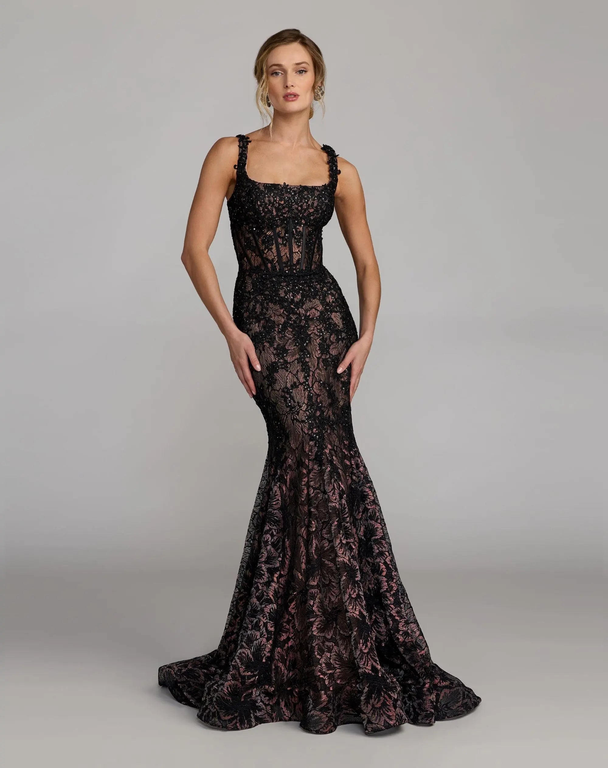 Black Embellished Lace Sleeveless Mermaid Gown - Mac Duggal