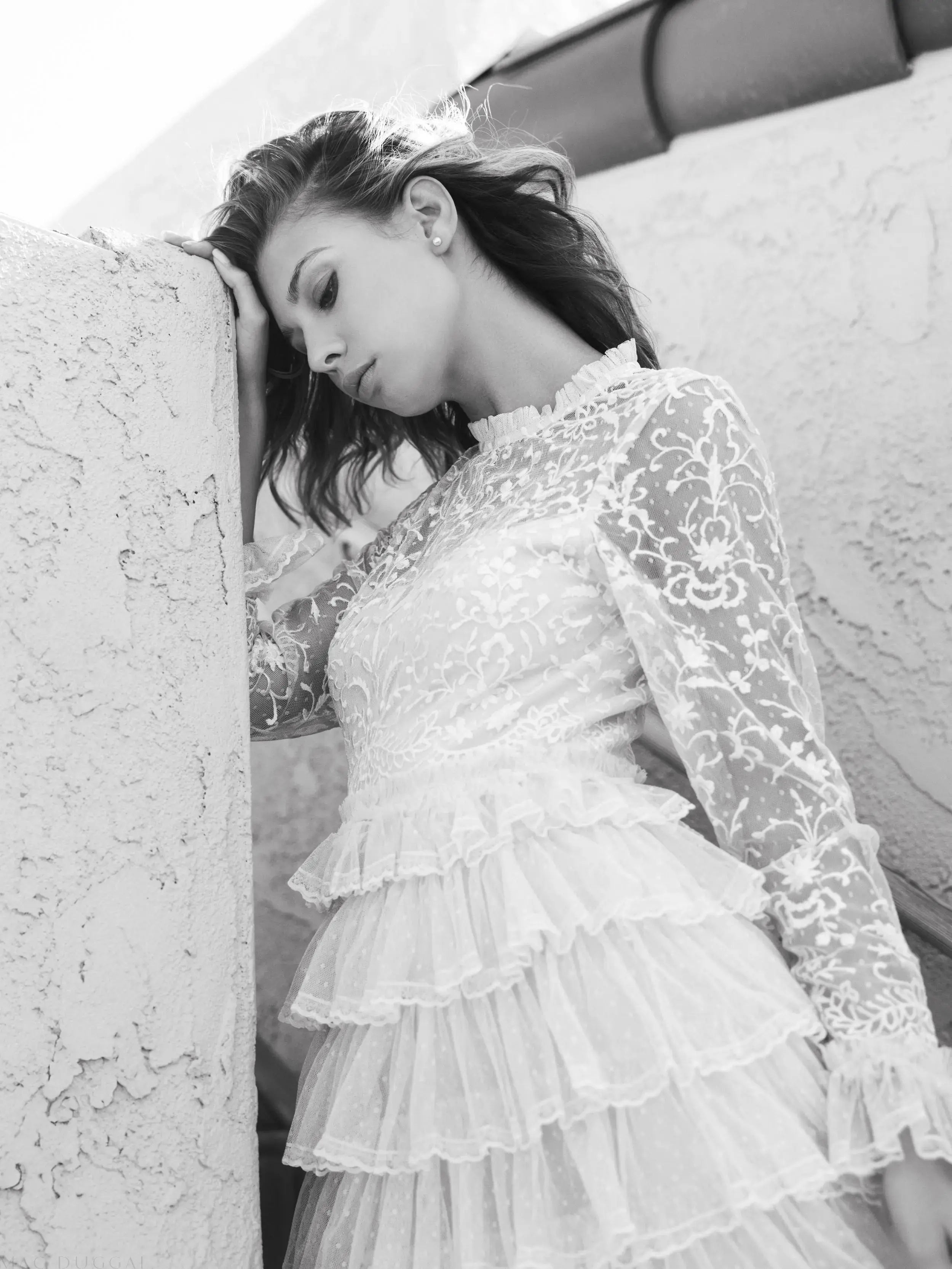 Blue Embroidered Long Sleeve Ruffled Tiered Dress - Mac Duggal