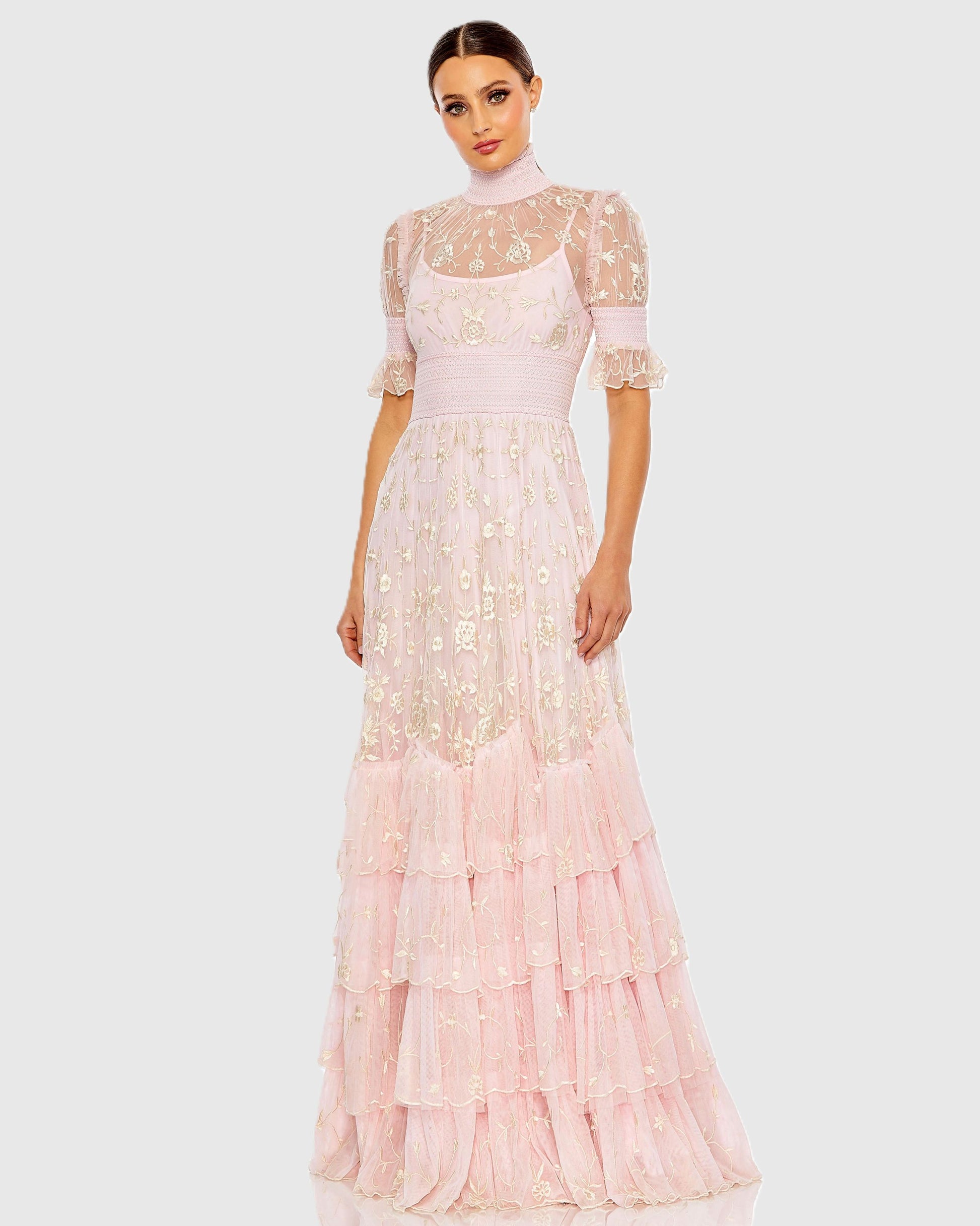 Pink Floral Embroidered Smock Neck Tiered Ruffle Dress | Mac Duggal Pink Floral Embroidered Smock Neck Tiered Ruffle Dress | Mac Duggal