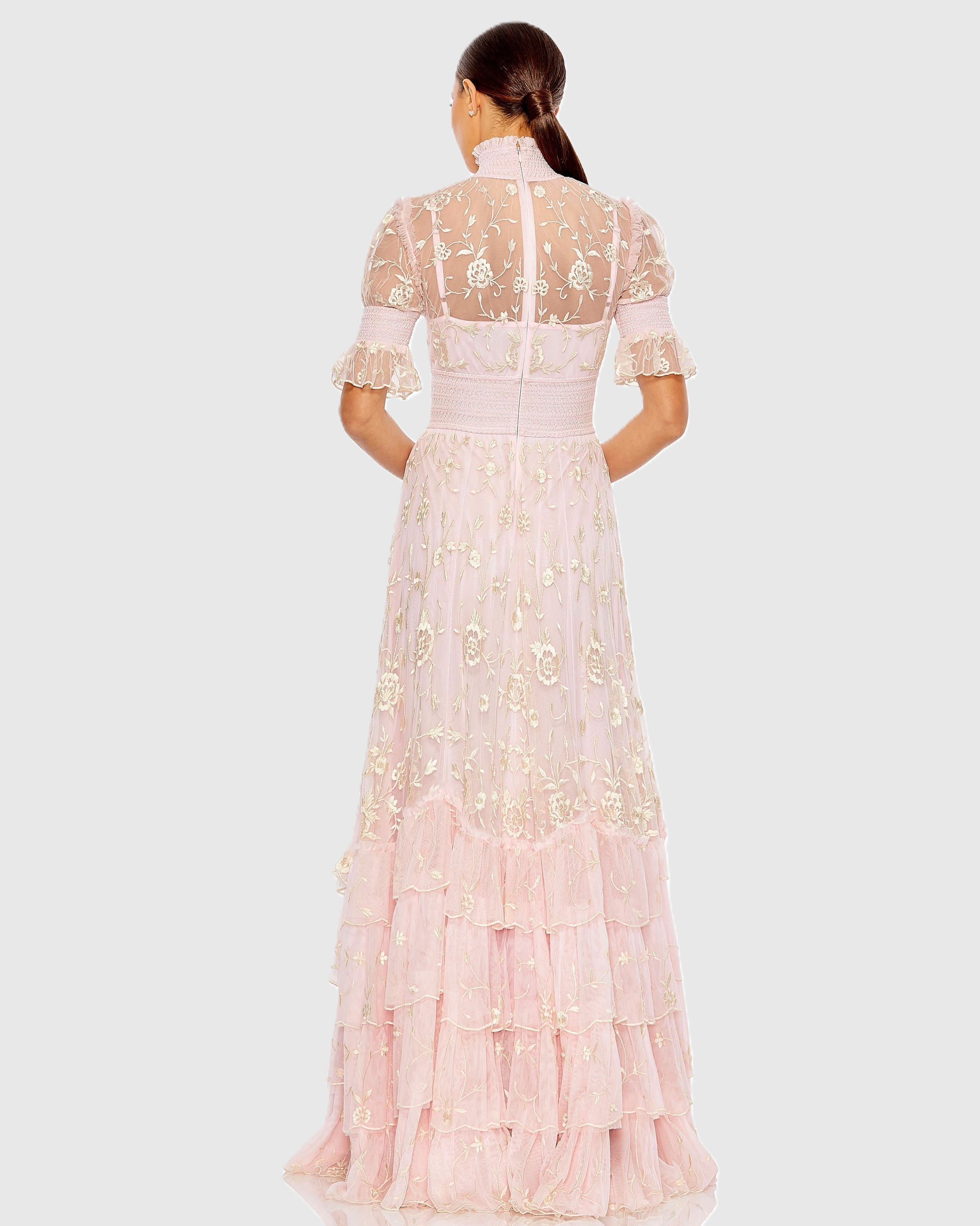 Pink Floral Embroidered Smock Neck Tiered Ruffle Dress - Mac Duggal