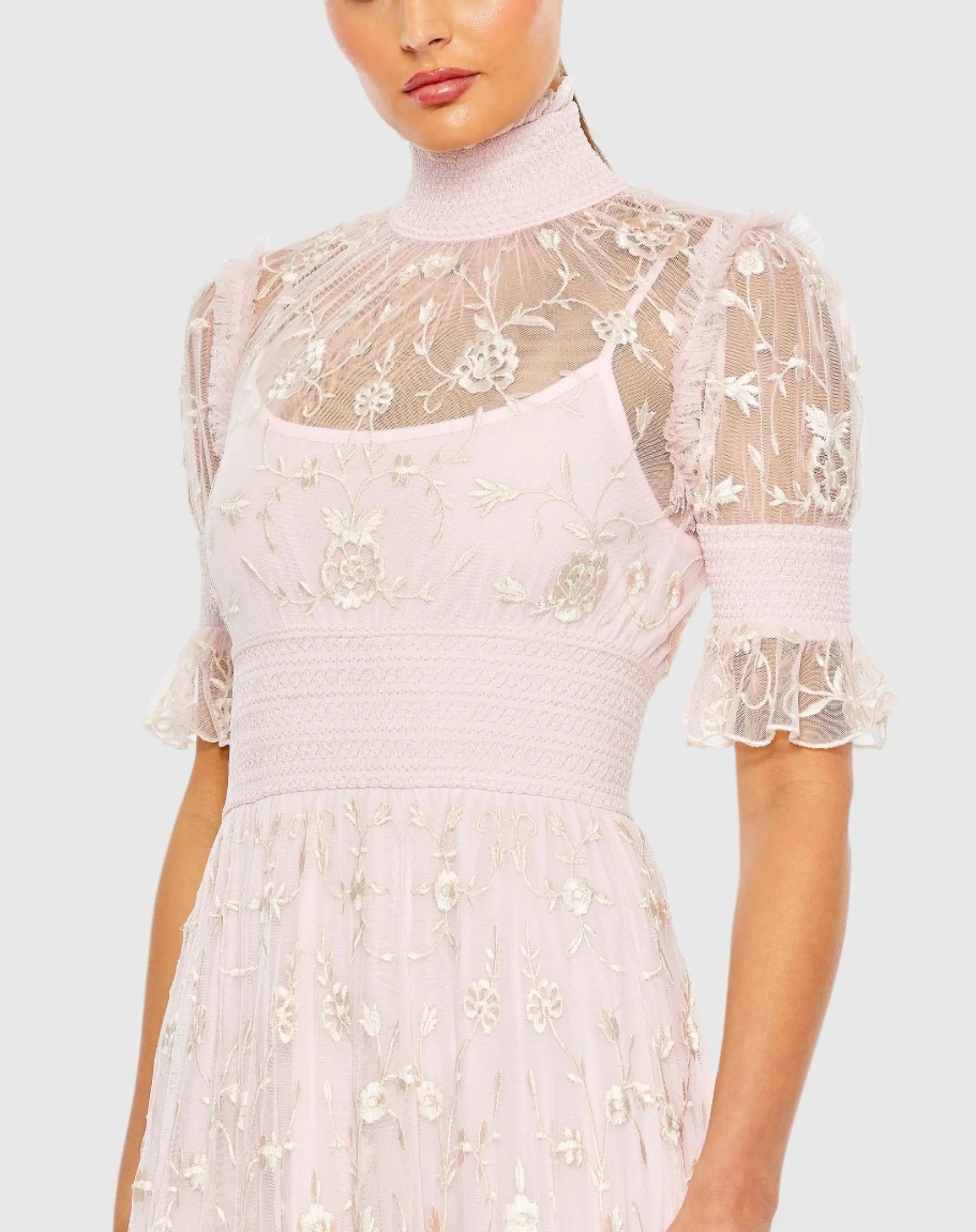 Pink Floral Embroidered Smock Neck Tiered Ruffle Dress - Mac Duggal