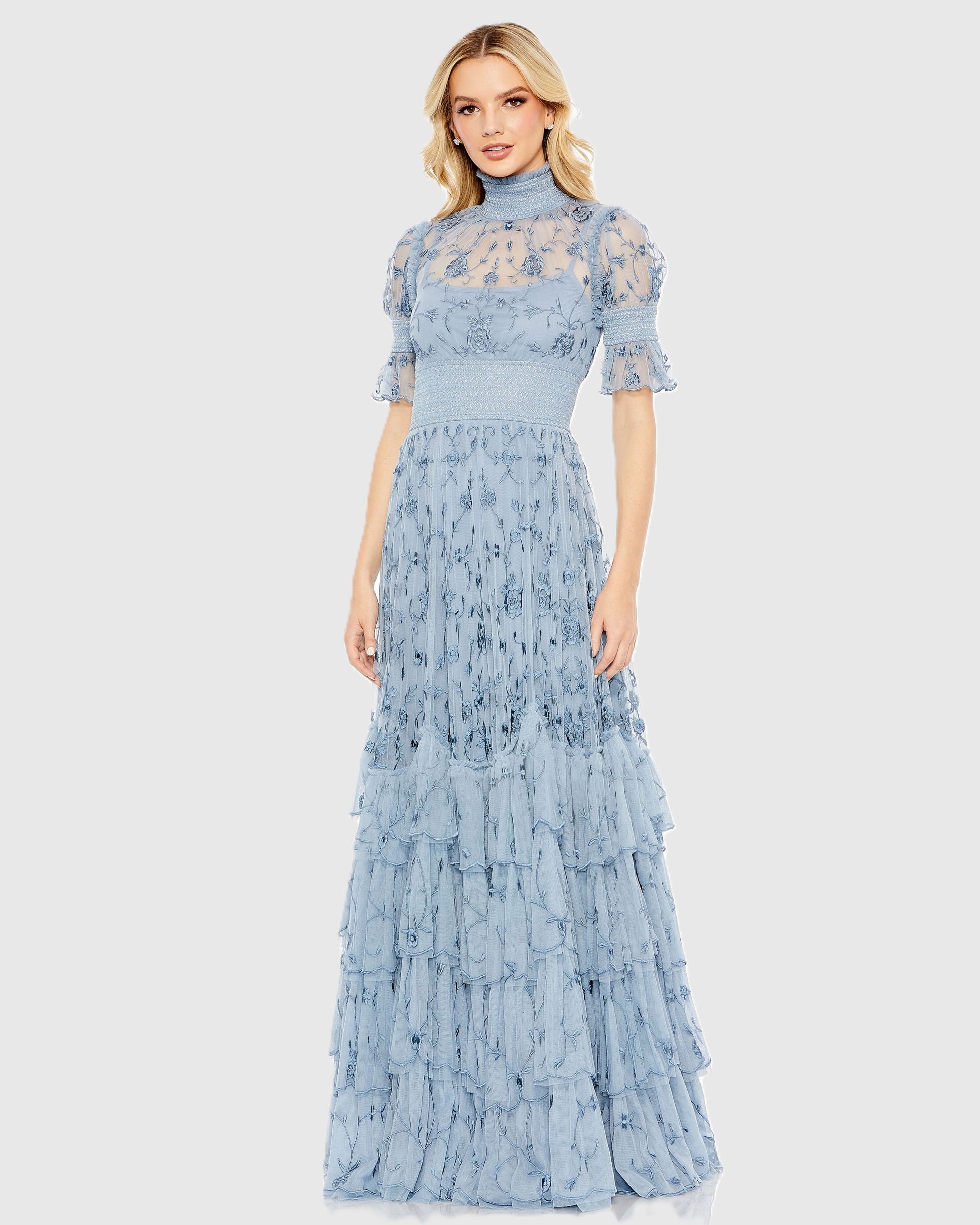 Blue Floral Embroidered Smock Neck Tiered Ruffle Dress - Mac Duggal