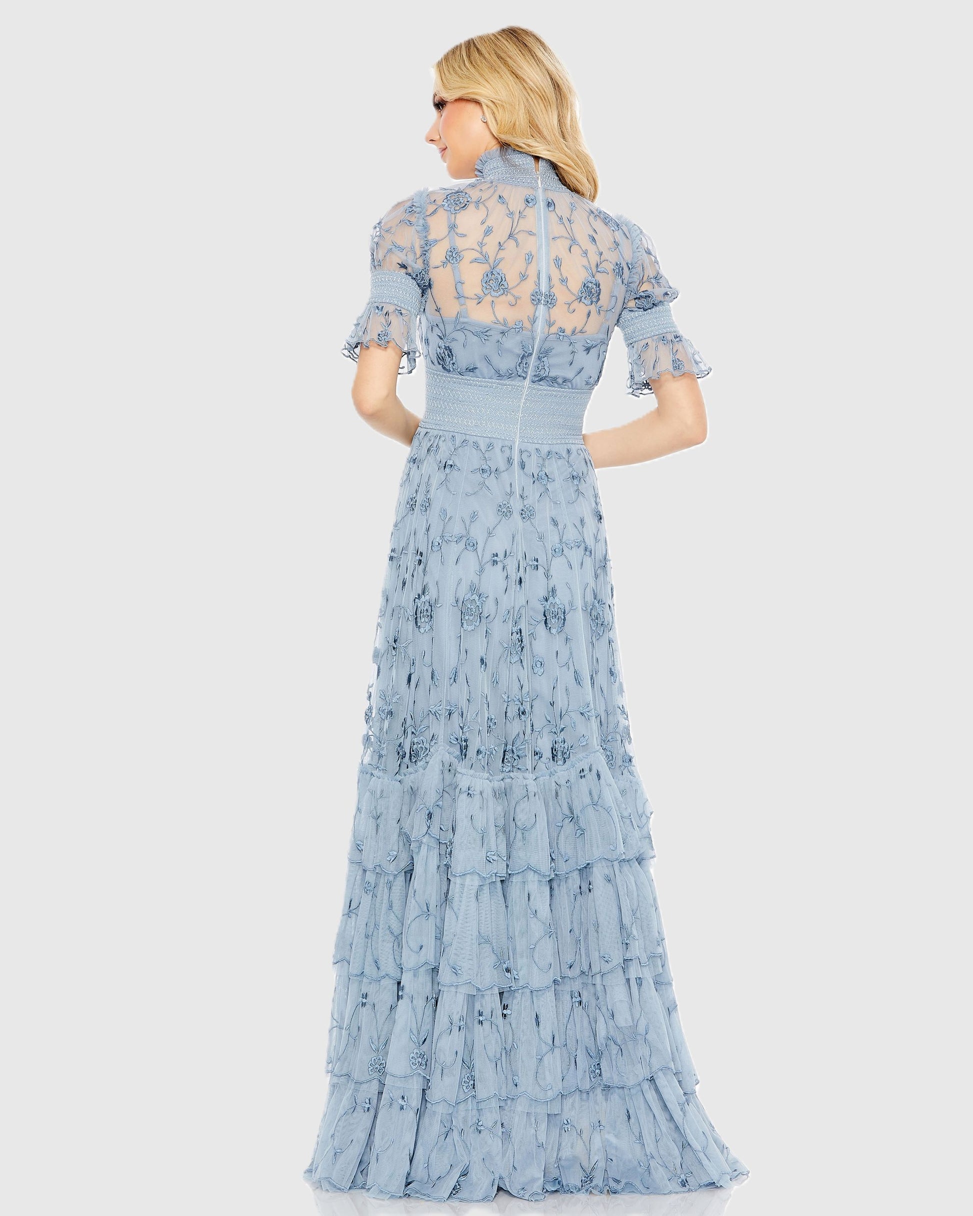 Blue Floral Embroidered Smock Neck Tiered Ruffle Dress | Mac Duggal Blue Floral Embroidered Smock Neck Tiered Ruffle Dress | Mac Duggal