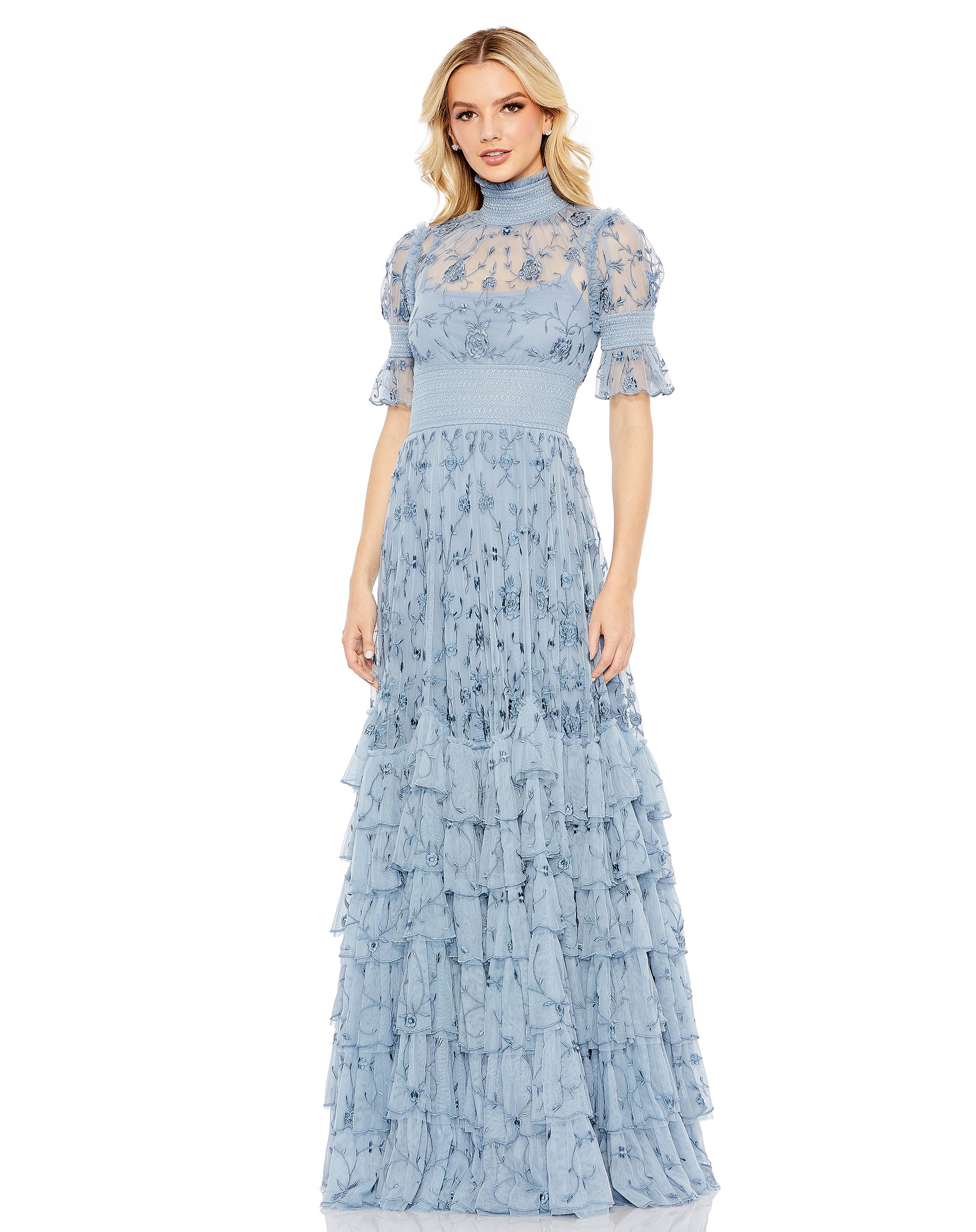 Embroidered Floral Tiered Smock Neck Gown