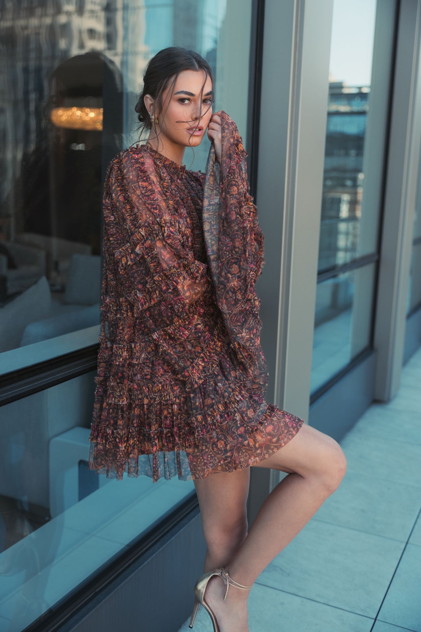 Brown Floral Print Long Flare Sleeve Mesh A-Line Dress