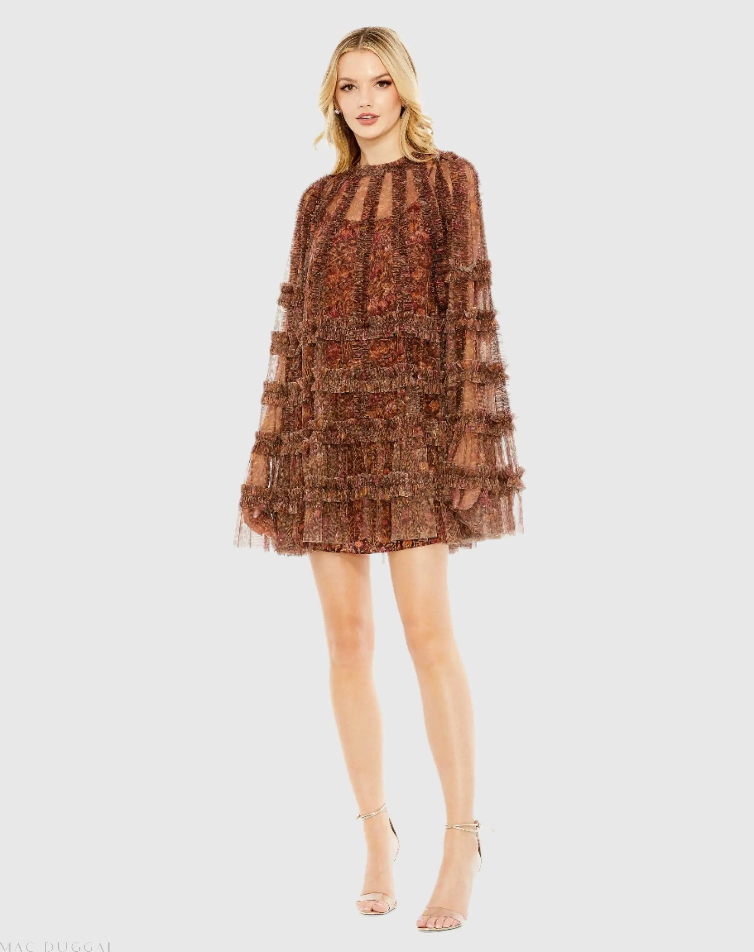 Brown Floral Print Long Flare Sleeve Mesh A-Line Dress - Mac Duggal