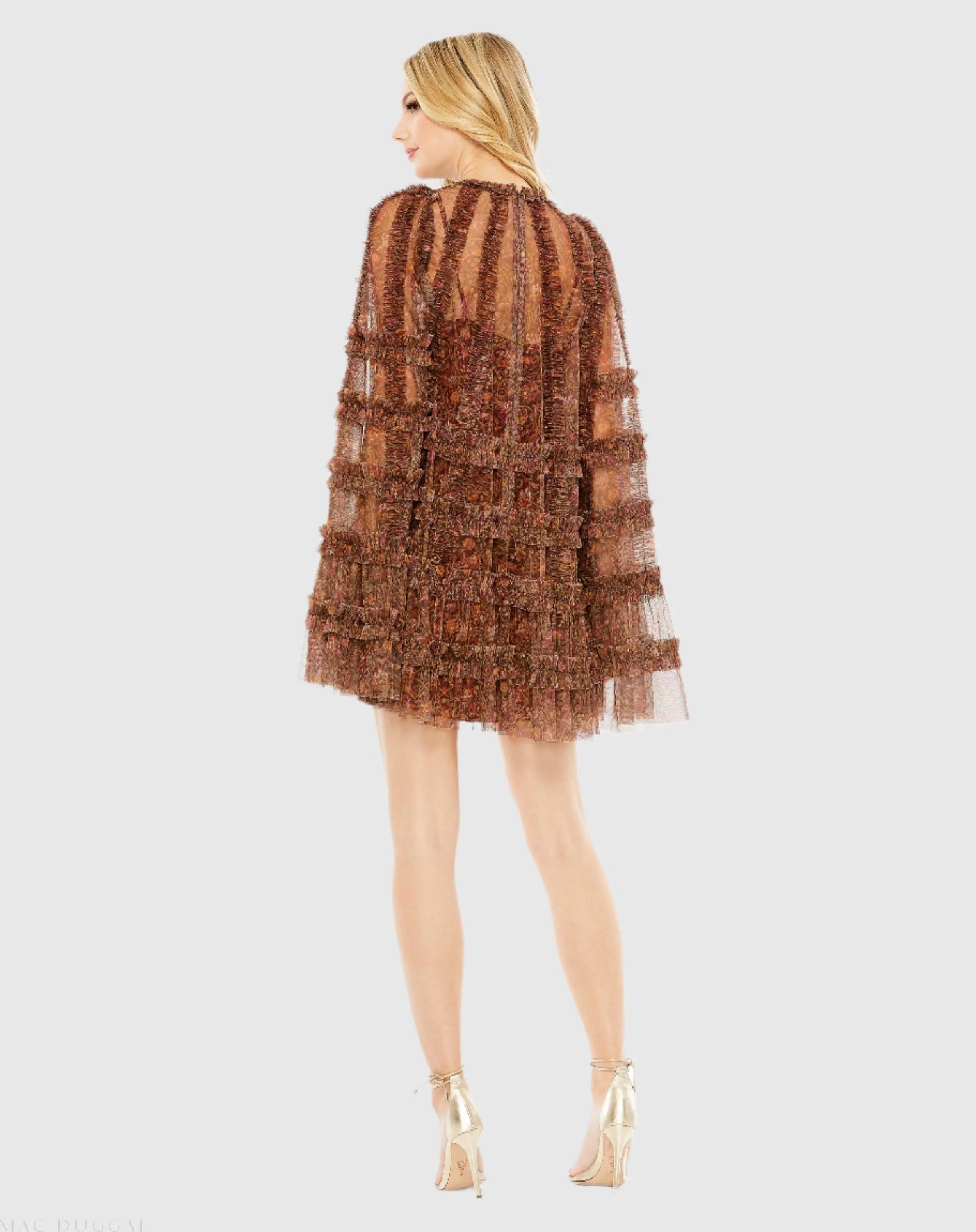 Brown Floral Print Long Flare Sleeve Mesh A-Line Dress - Mac Duggal