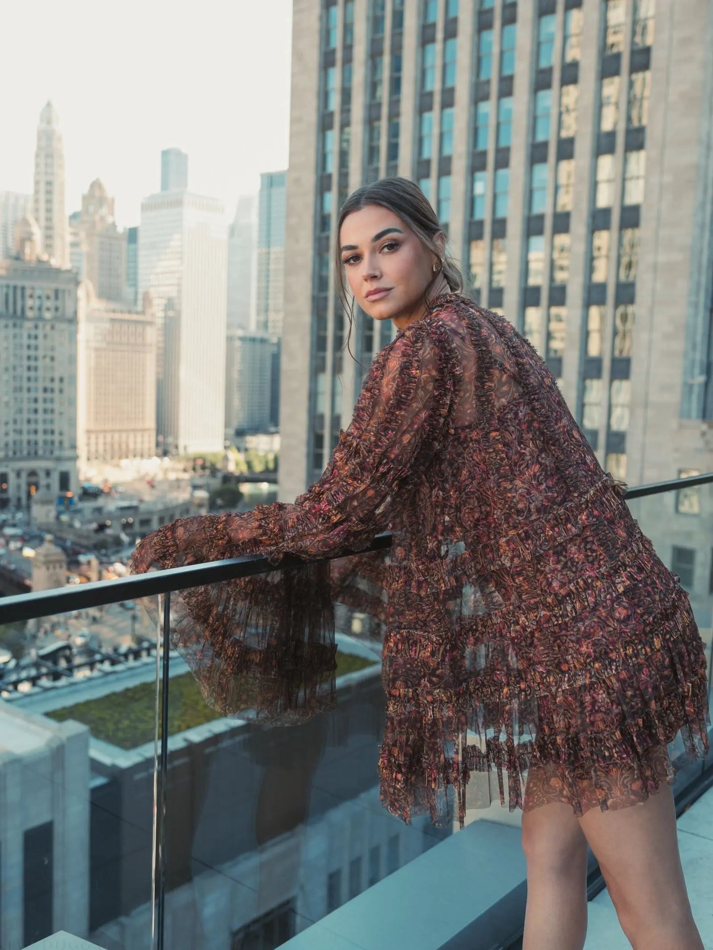 Brown Floral Print Long Flare Sleeve Mesh A-Line Dress - Mac Duggal