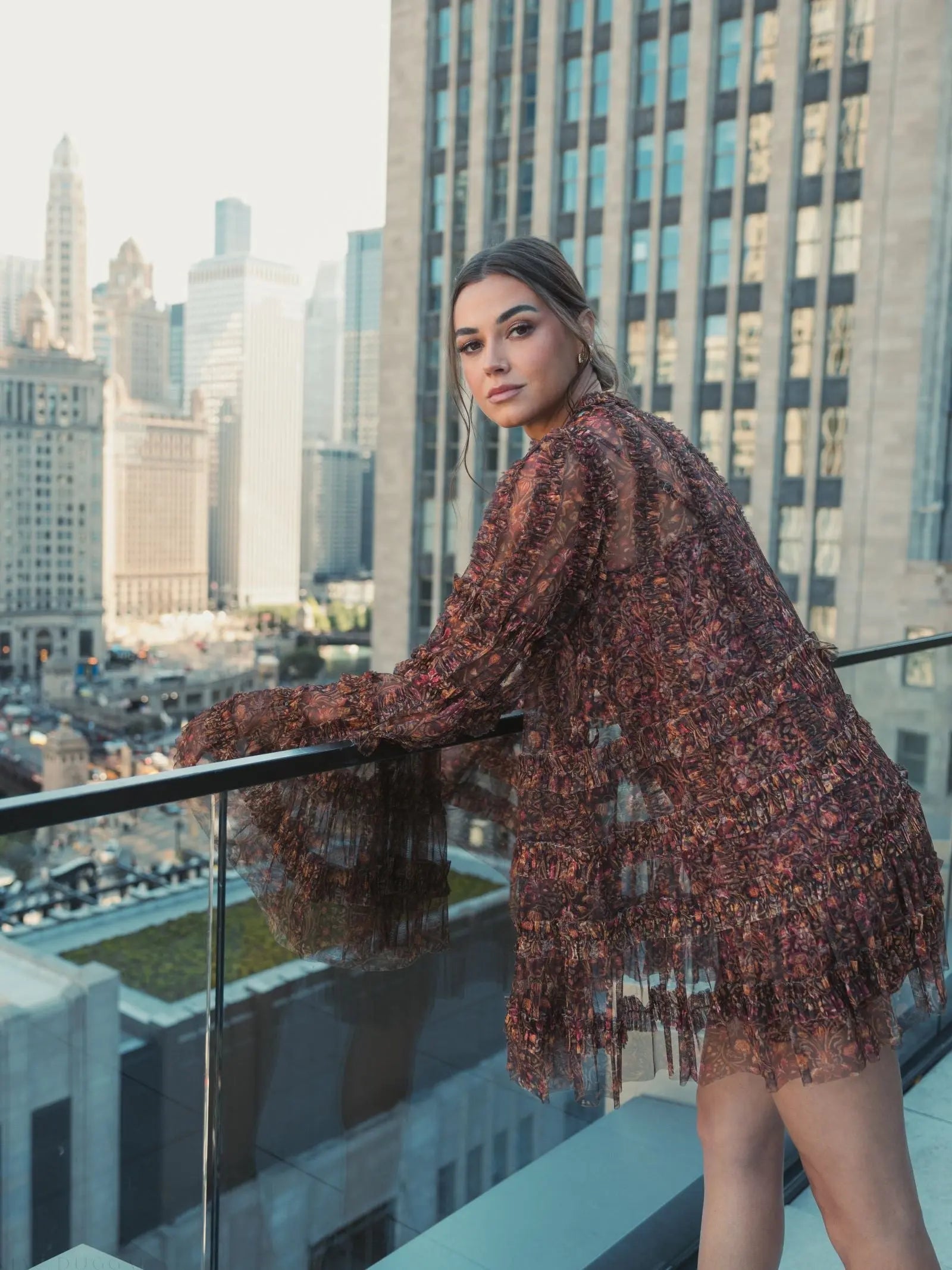 Brown Floral Print Long Flare Sleeve Mesh A-Line Dress - Mac Duggal