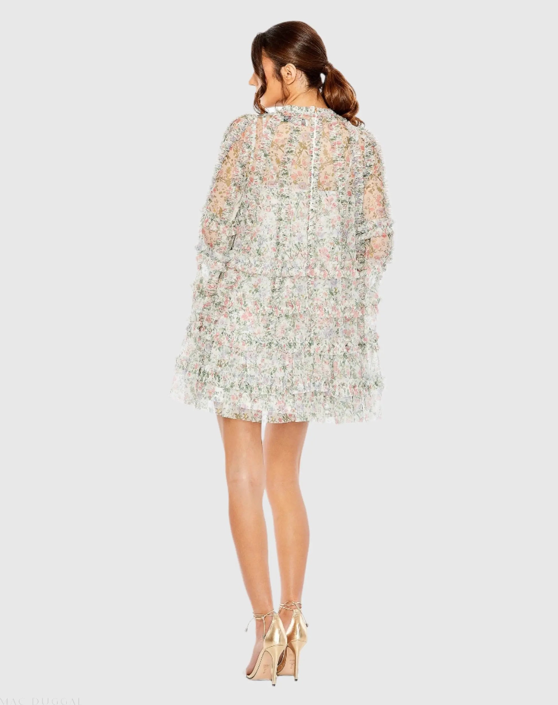 Floral Print Long Flare Sleeve Mesh A-Line Dress - Mac Duggal
