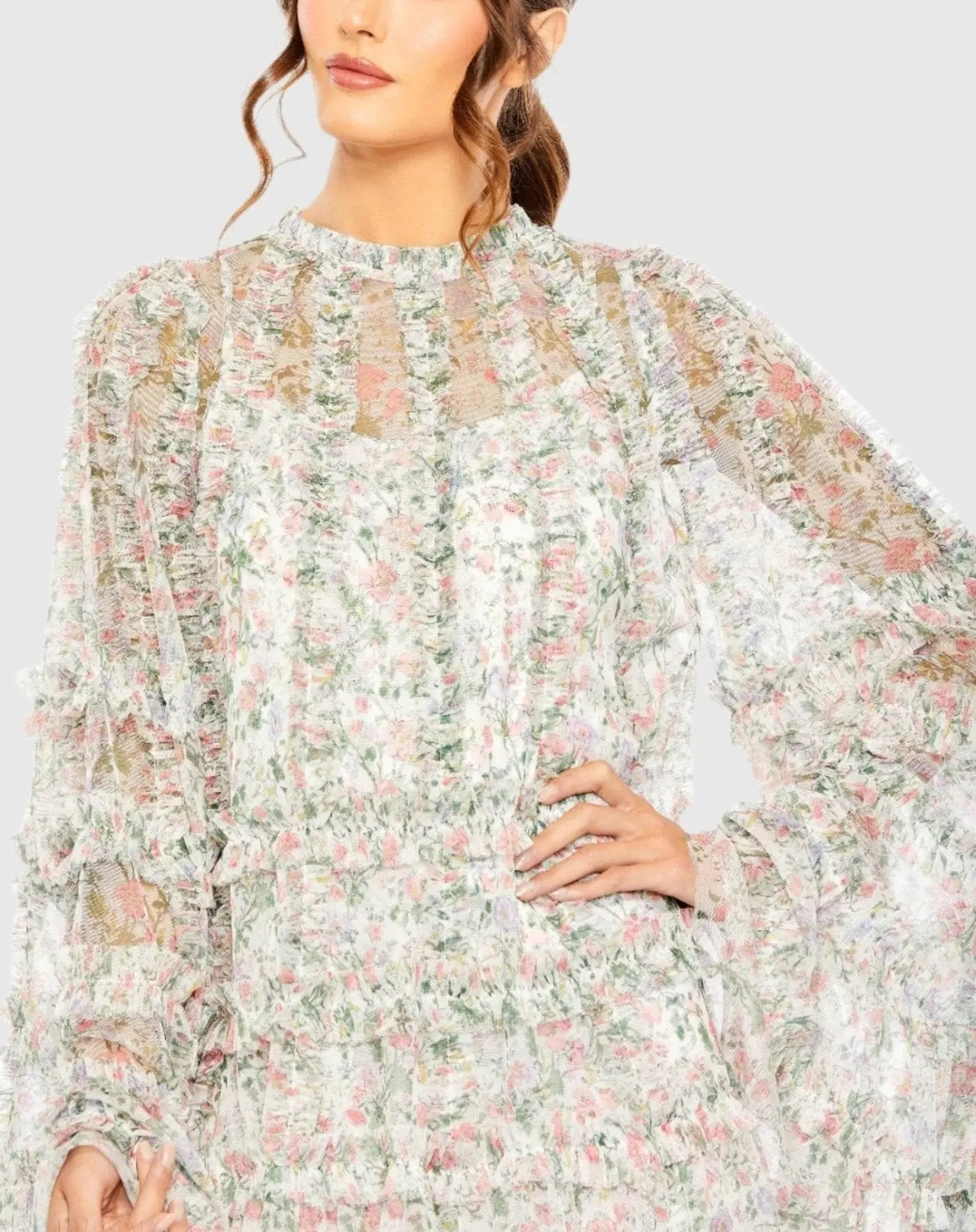Floral Print Long Flare Sleeve Mesh A-Line Dress - Mac Duggal
