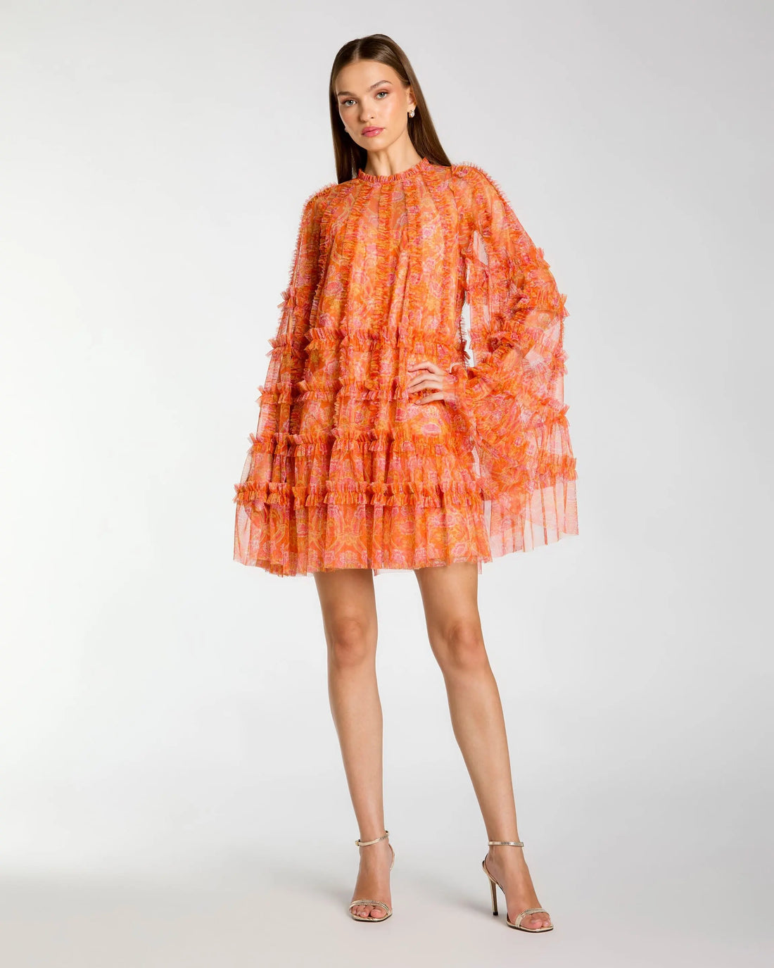 Orange Floral Ruffle Long Sleeve Mini Dress Mac Duggal