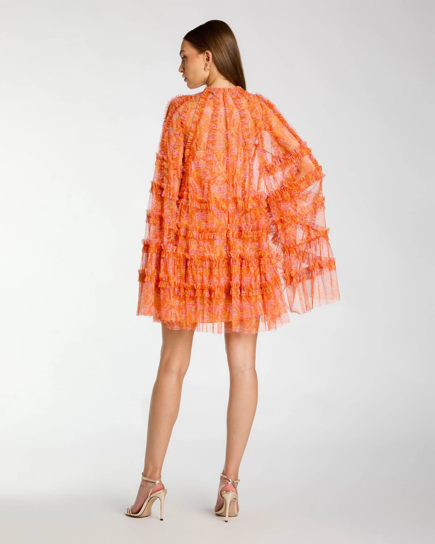 Orange Floral Ruffle Long Sleeve Mini Dress Mac Duggal