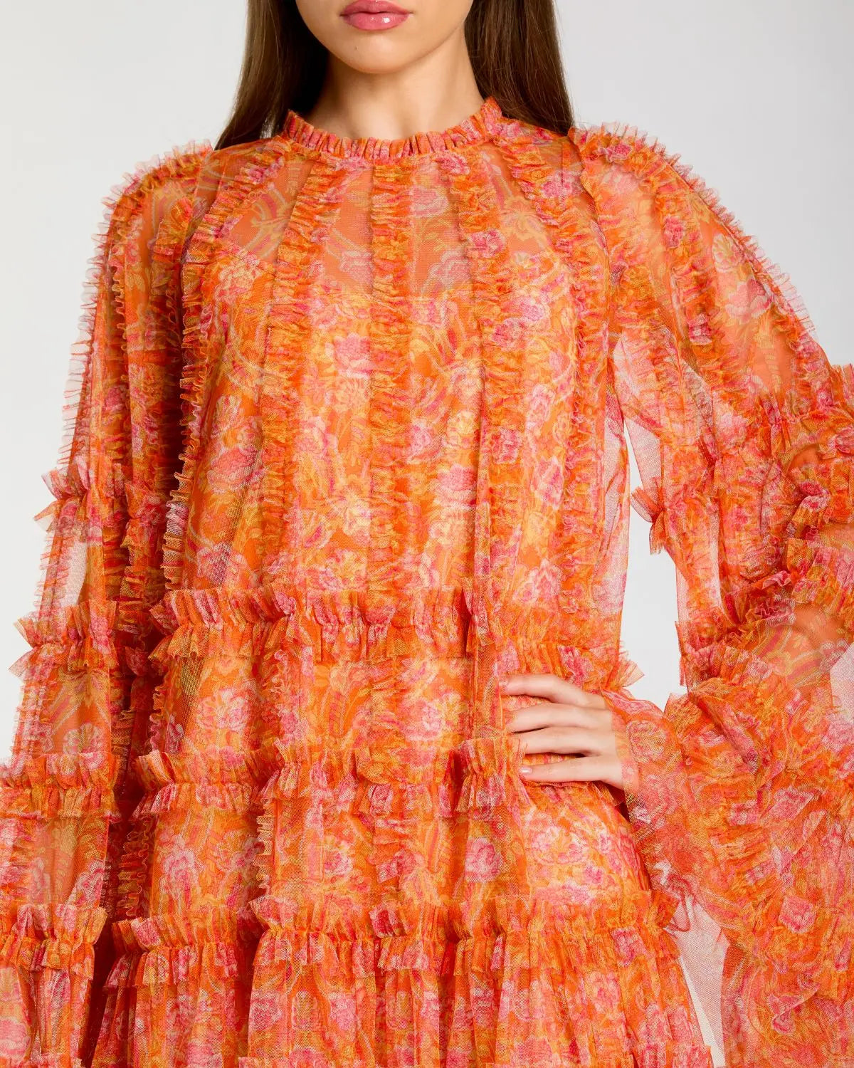Mac Duggal Women's Floral Print Long Flare Sleeve Mesh A-Line Dress - Orange - Size 12 - Mango Multi Mac Duggal Women's Floral Print Long Flare Sleeve Mesh A-Line Dress - Orange - Size 12 - Mango Multi