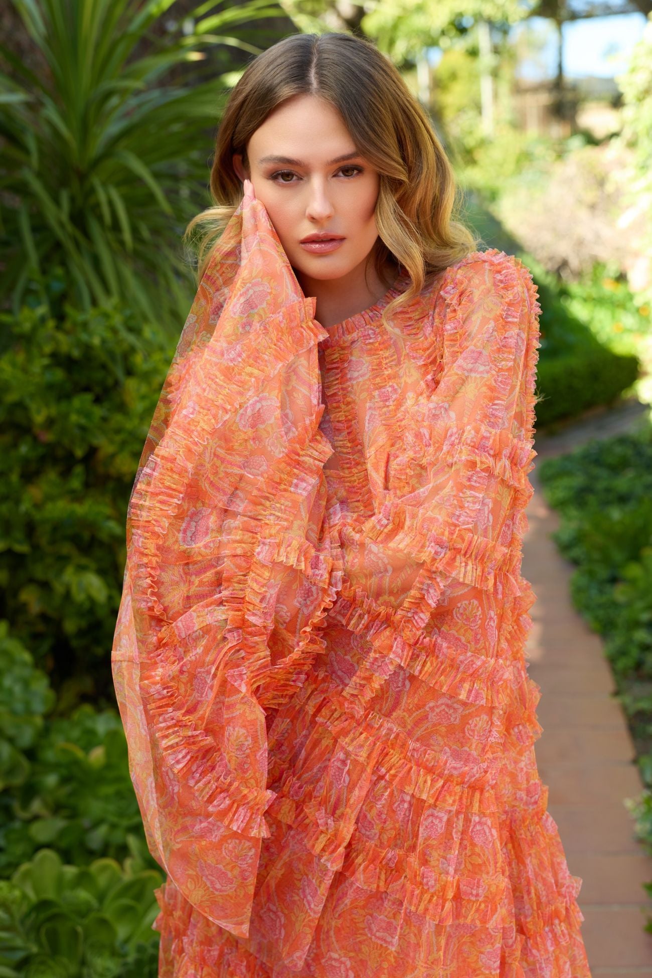 Orange Floral Ruffle Long Sleeve Mini Dress Mac Duggal