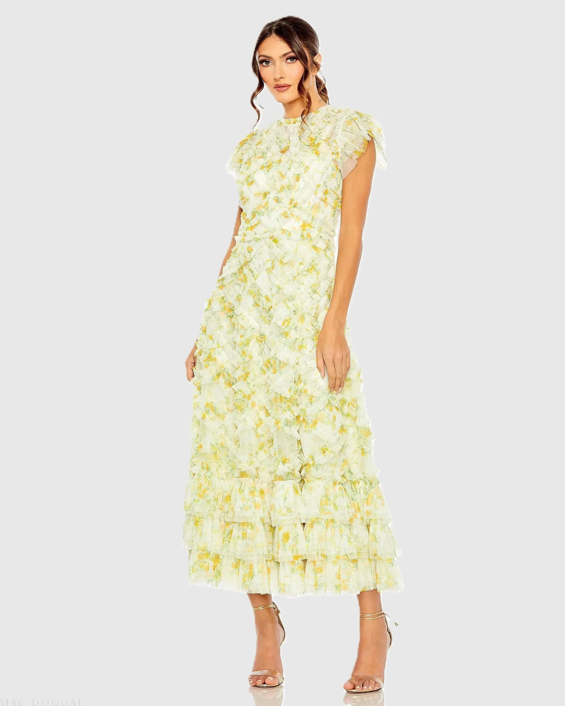 Yellow High Neck Ruffle Cap Sleeve Floral Dress - Mac Duggal