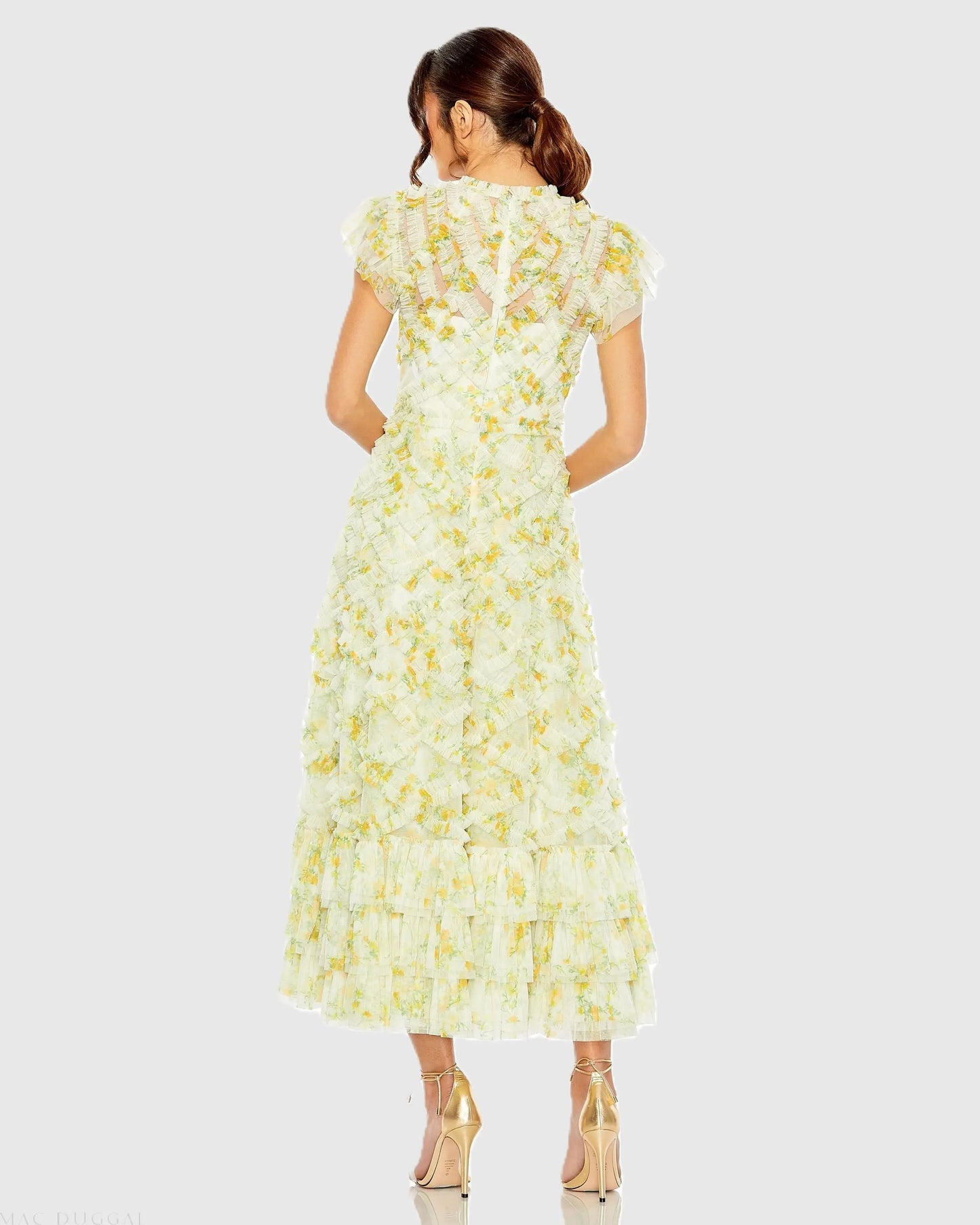 Yellow High Neck Ruffle Cap Sleeve Floral Dress - Mac Duggal