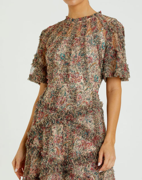 Floral Flutter Sleeve Mesh Print Dress