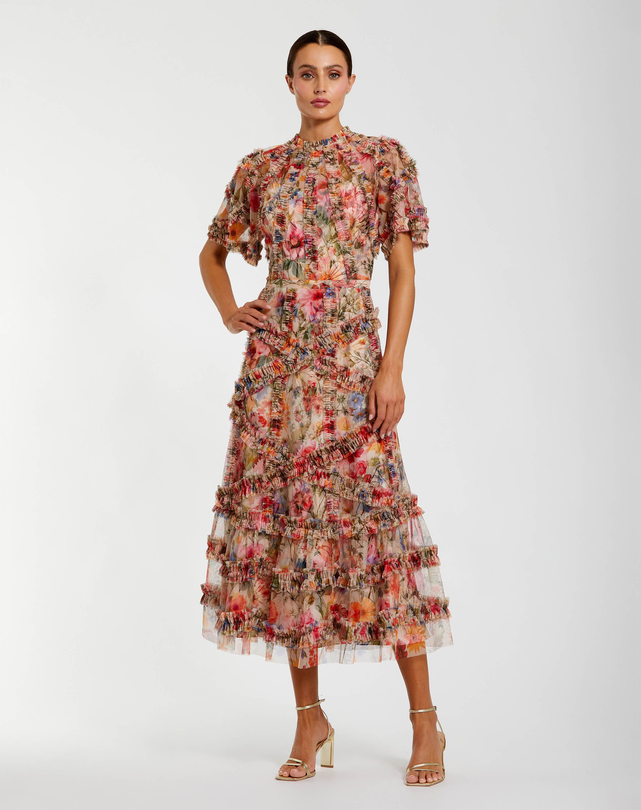Multicolor Floral Midi Dress with Ruffle Detailing Mac Duggal