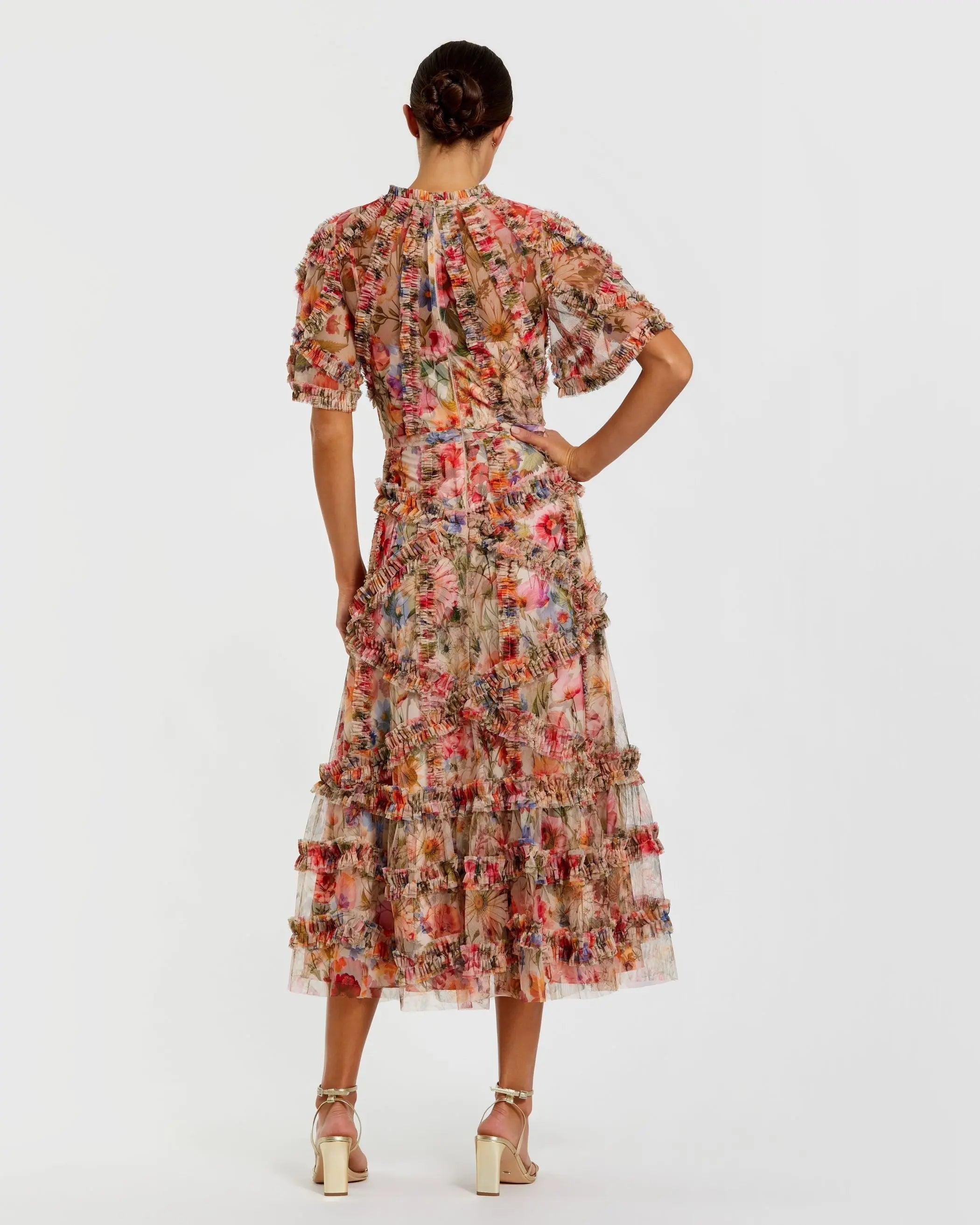 Multicolor Floral Midi Dress with Ruffle Detailing Mac Duggal