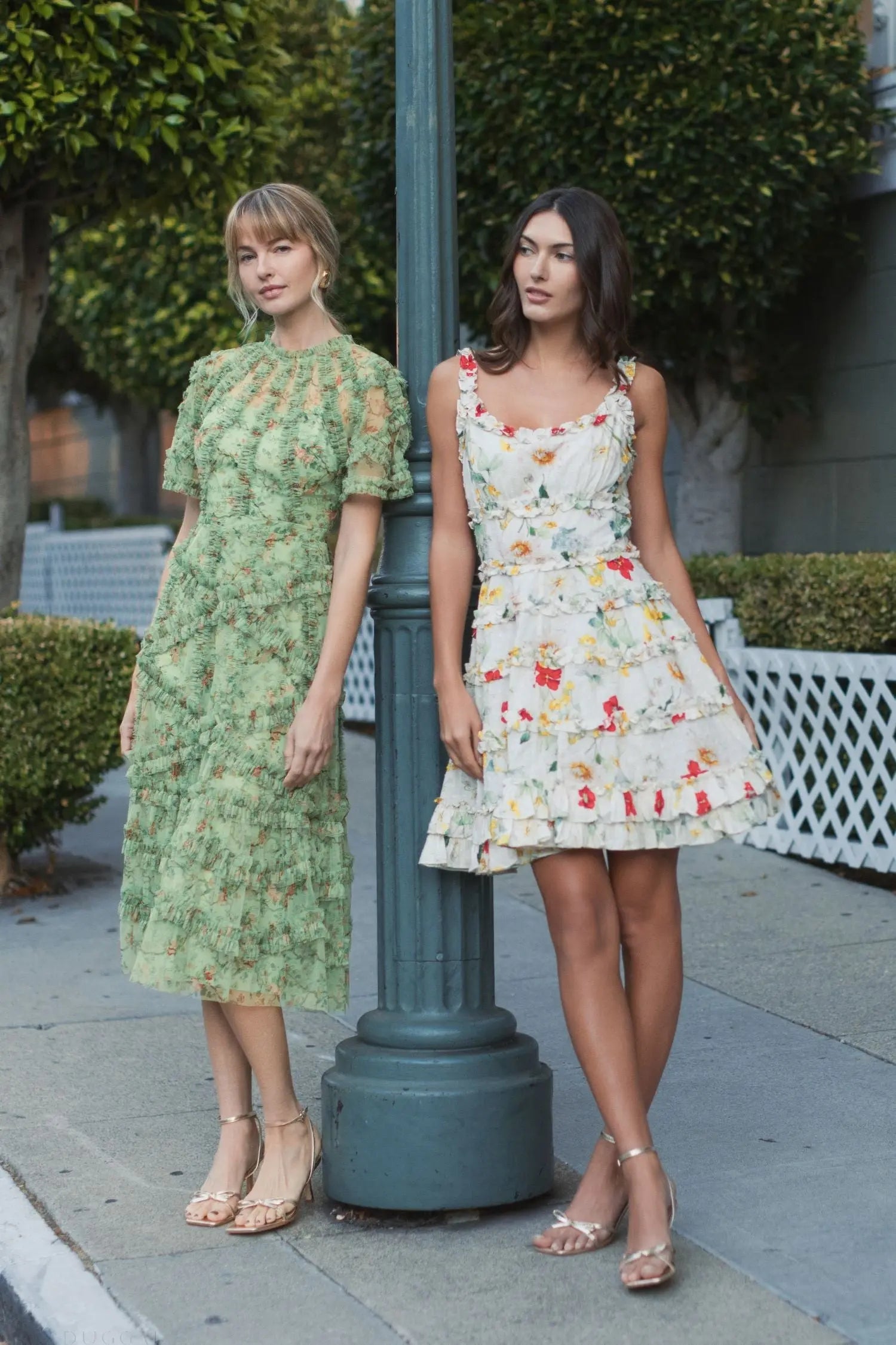 Green Floral Flutter Sleeve Mesh Print Dress - Mac Duggal