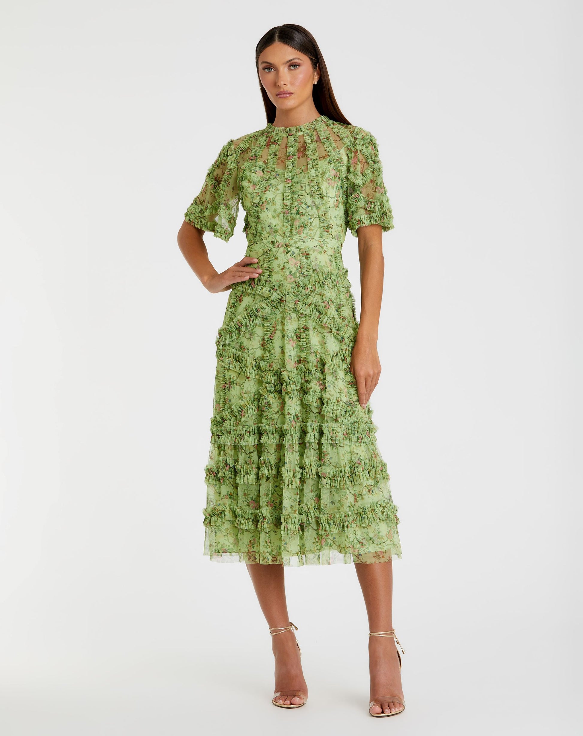 Floral Flutter Sleeve Mesh Print Dress