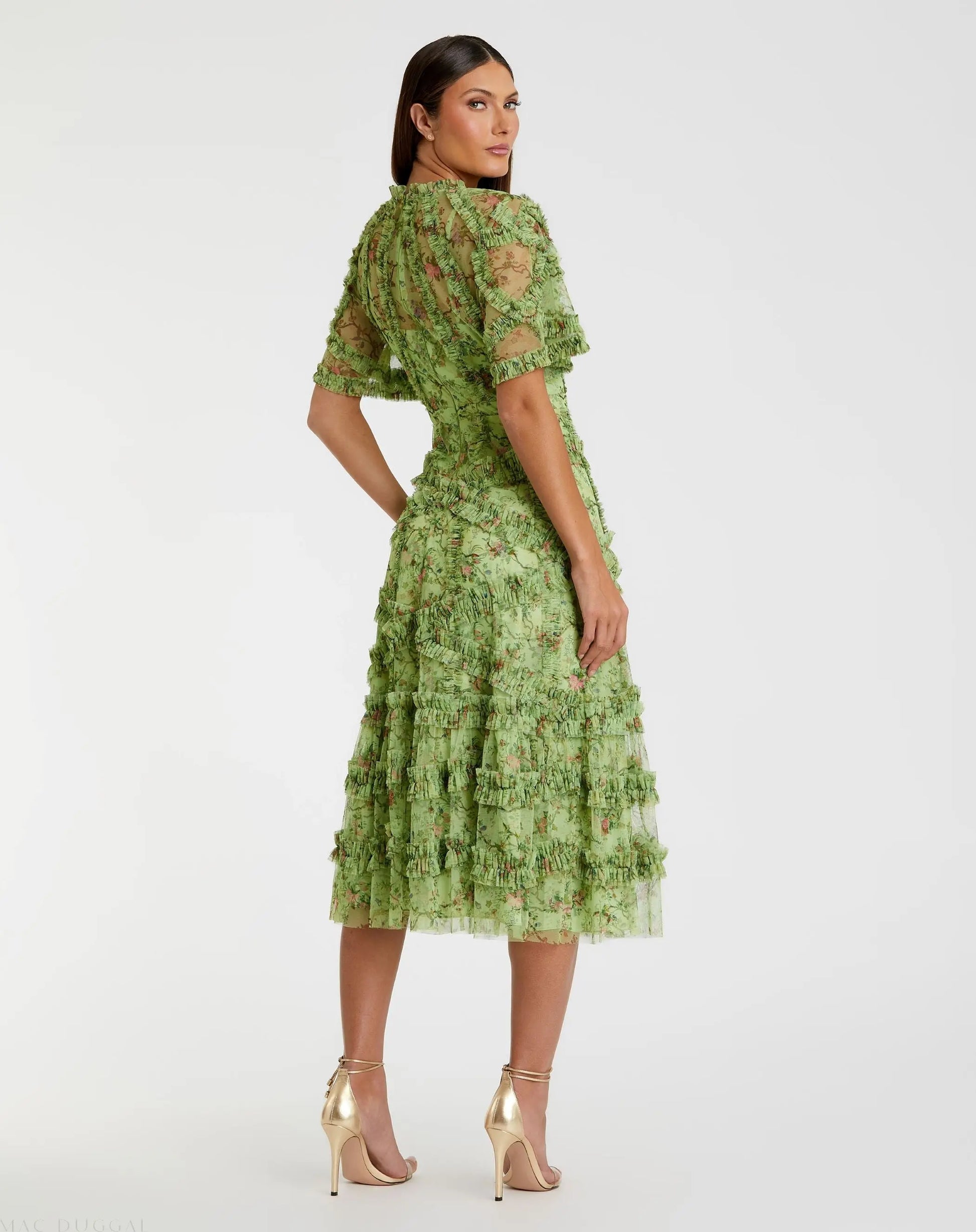 Green Floral Midi Dress with Ruffle Detailing | Mac Duggal Green Floral Midi Dress with Ruffle Detailing | Mac Duggal