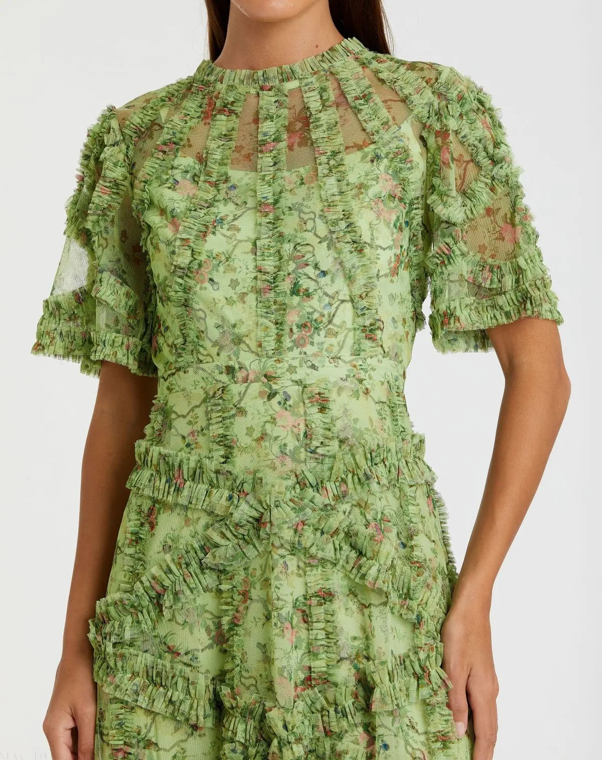 Green Floral Flutter Sleeve Mesh Print Dress - Mac Duggal