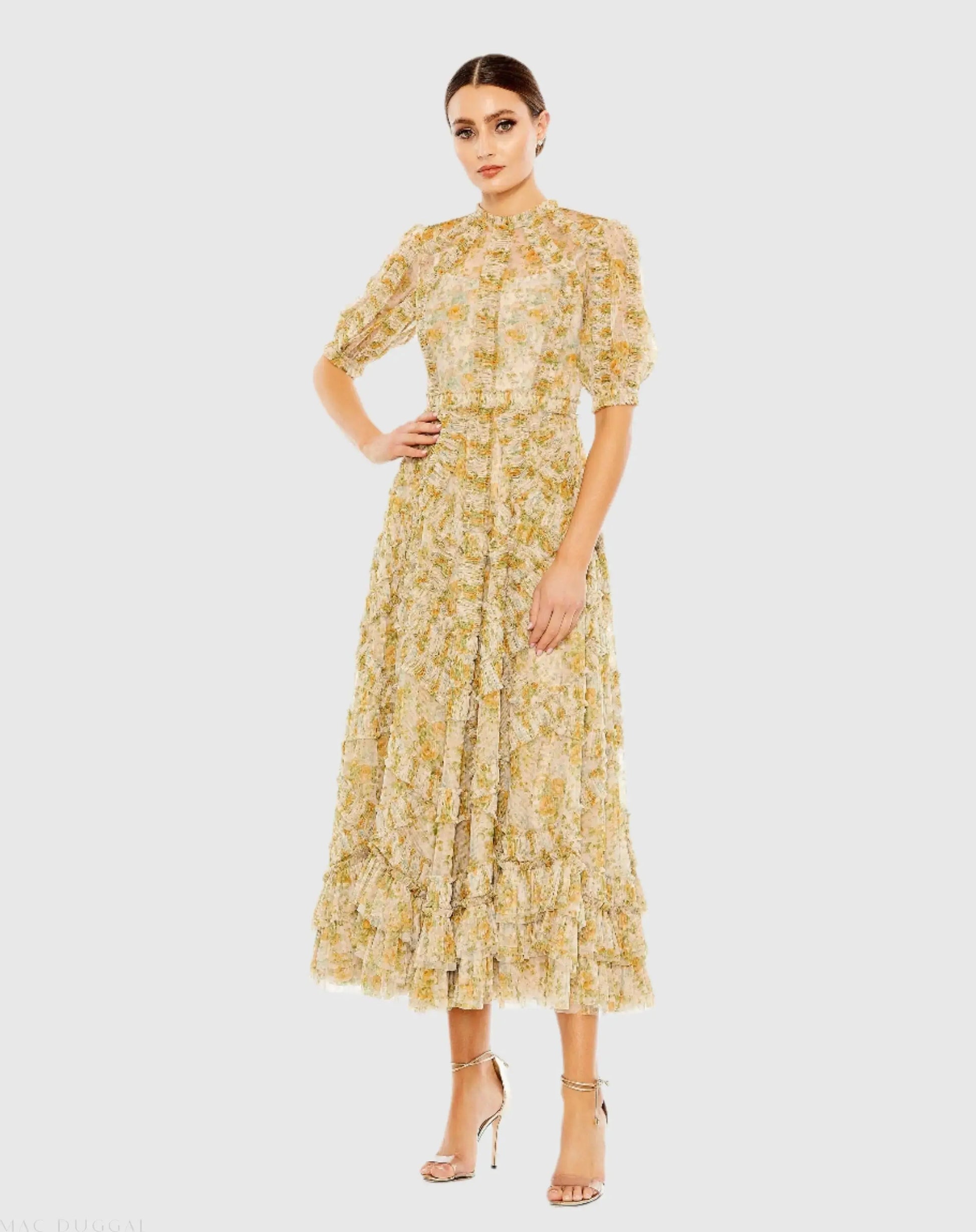 Beige Multicolor Mesh Puff Sleeve Floral Print Dress - Mac Duggal