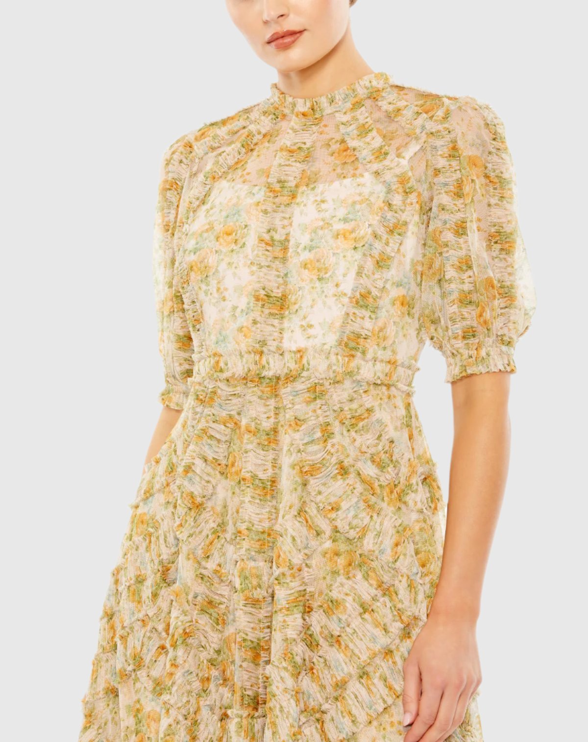 Mesh Puff Sleeve Floral Print Dress