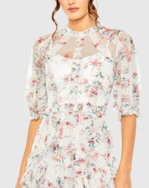 Vestido de malla con estampado floral y mangas abullonadas