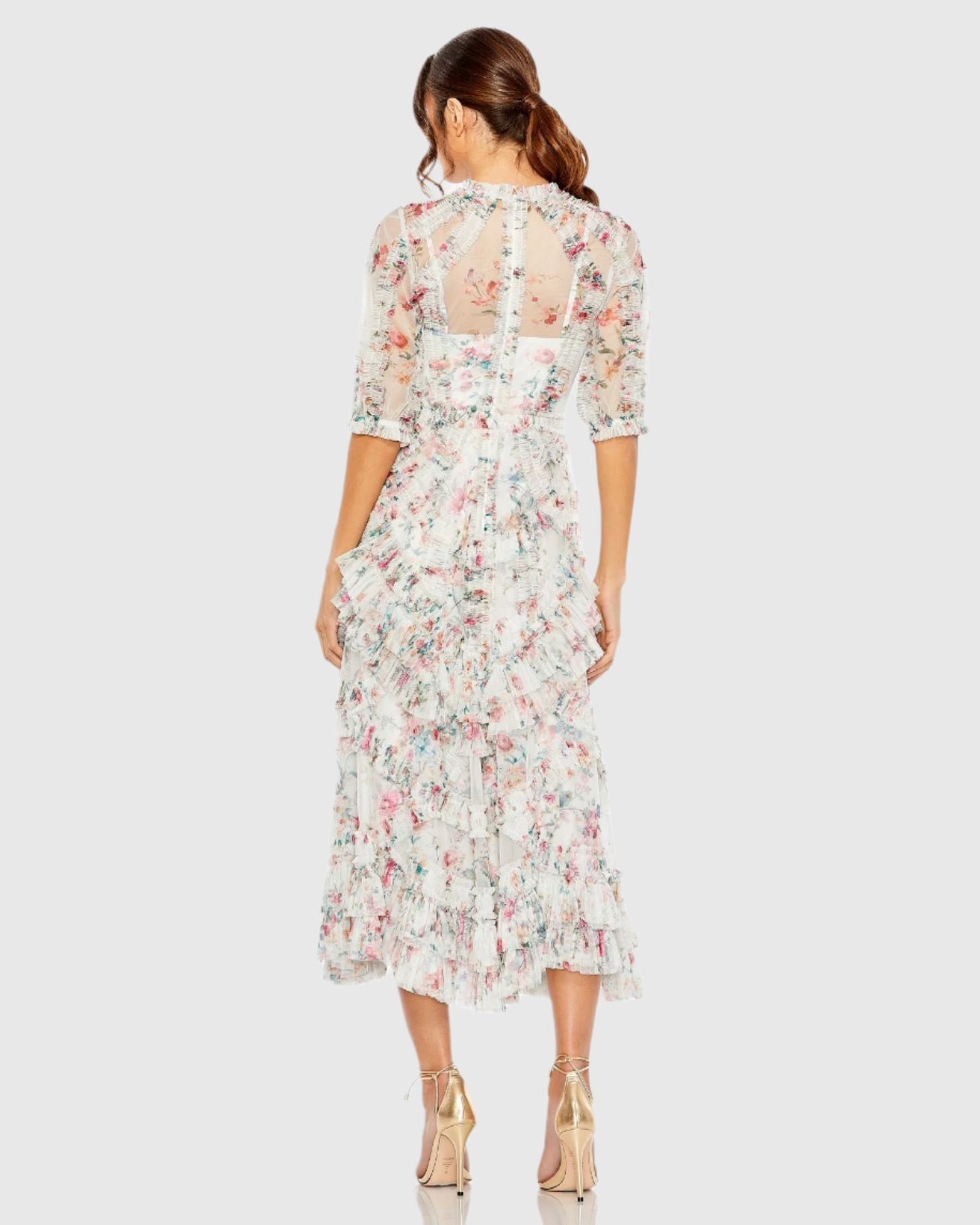 Mesh Puff Sleeve Floral Print Dress