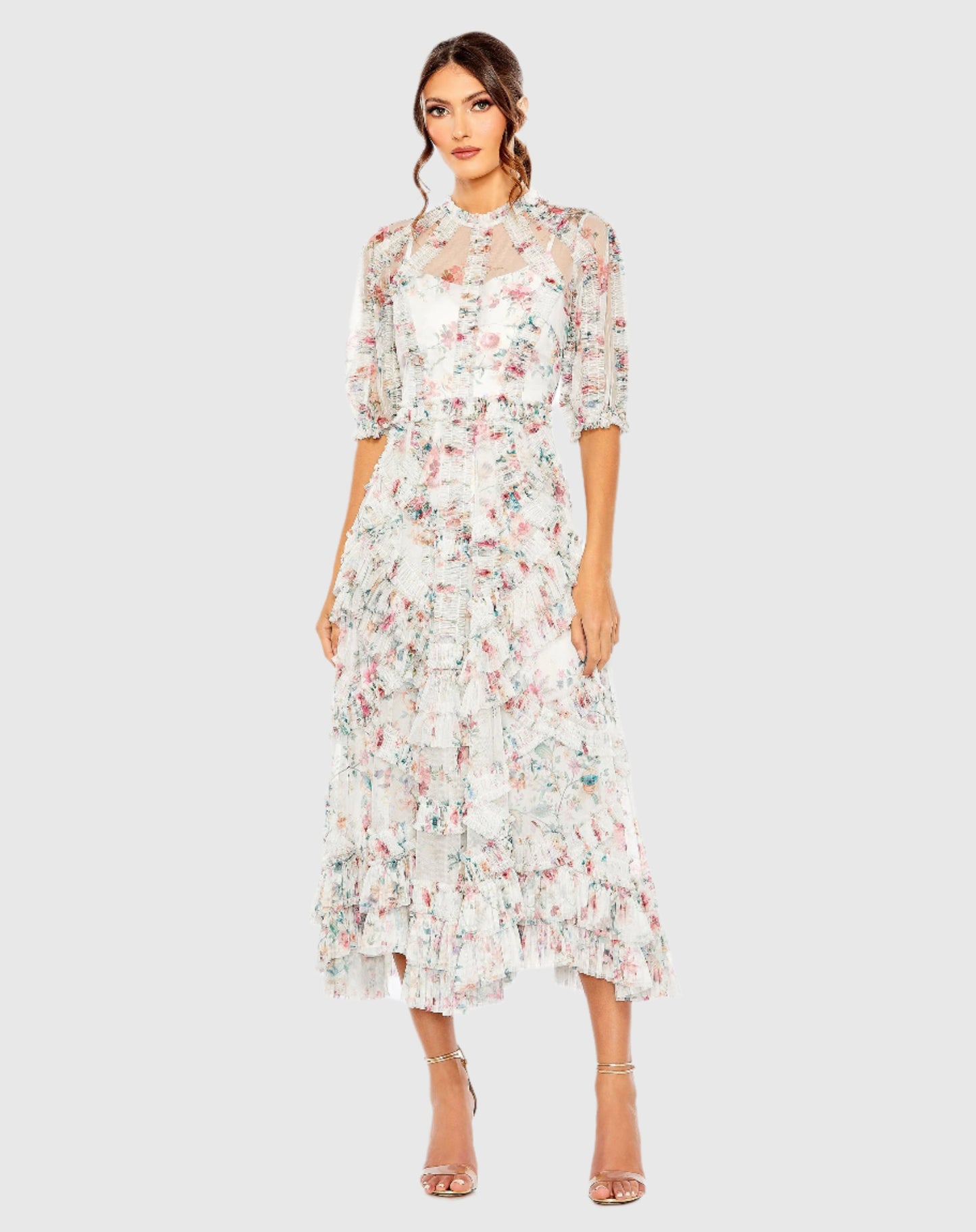 Mesh Puff Sleeve Floral Print Dress