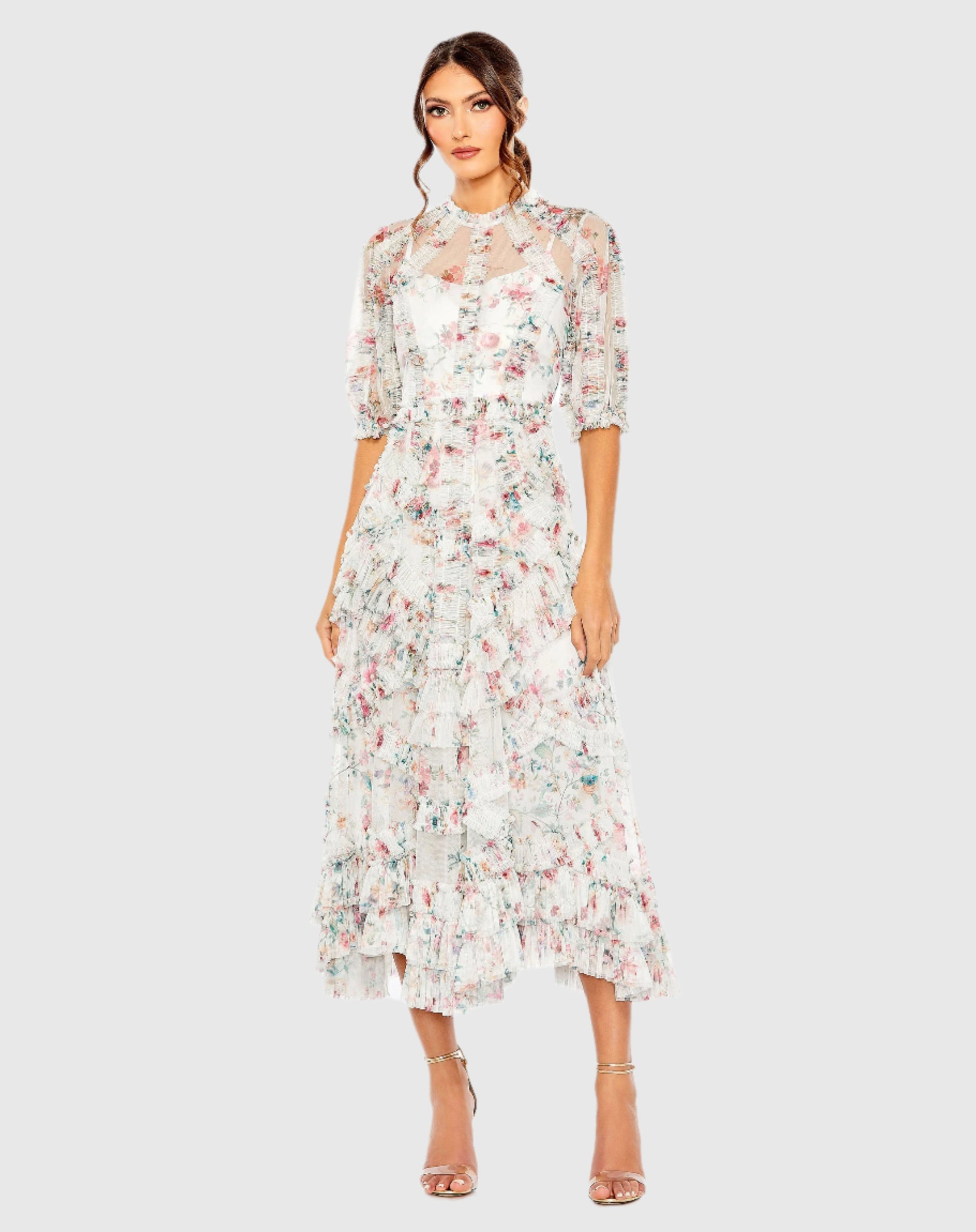 Mesh Puff Sleeve Floral Print Dress