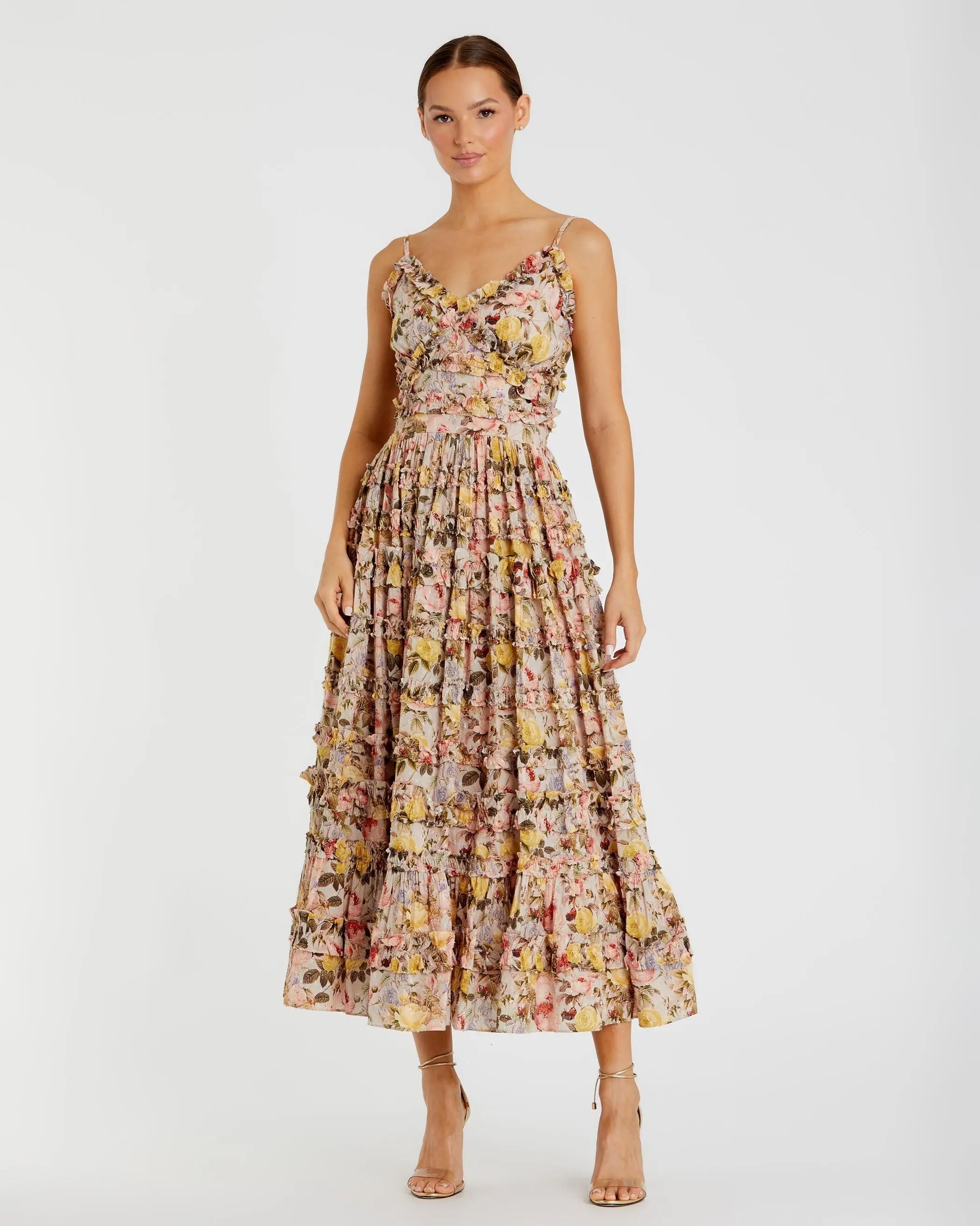 Beige Floral Print Ruffle Tiered Midi Dress - Mac Duggal