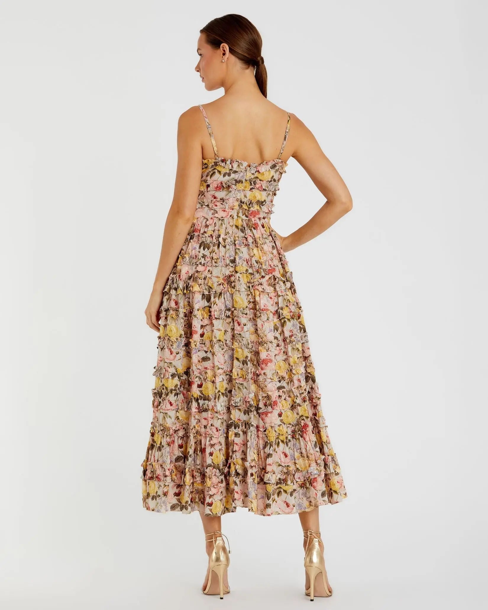 Beige Floral Print Ruffle Tiered Midi Dress - Mac Duggal