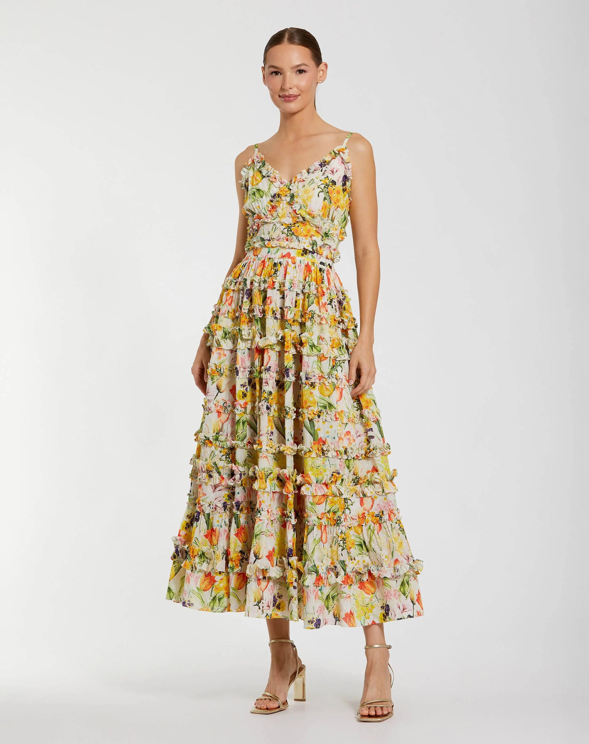 Mac Duggal Women's Floral Print Ruffle Tiered Midi Dress - Yellow - Size 16 Mac Duggal Women's Floral Print Ruffle Tiered Midi Dress - Yellow - Size 16