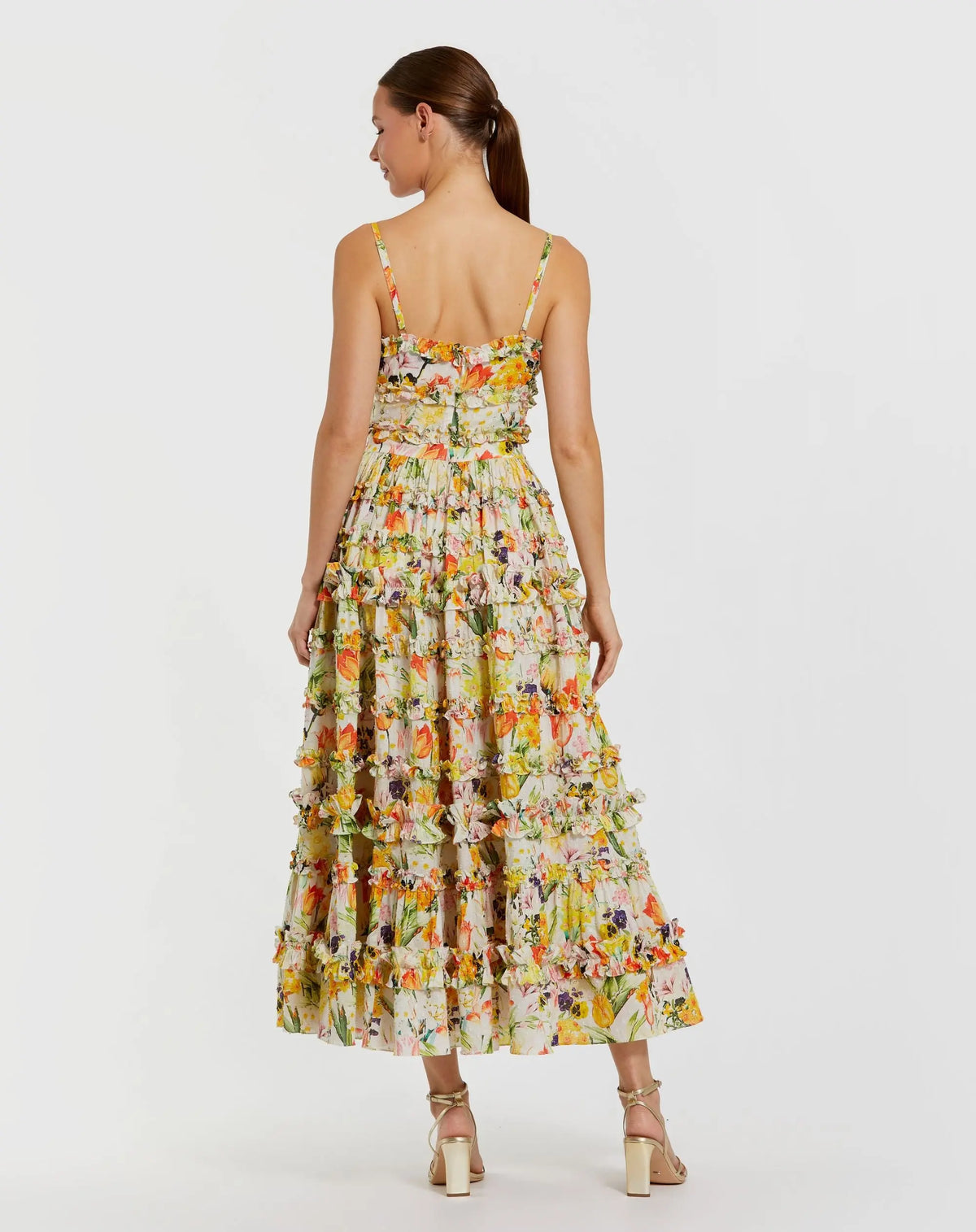 Yellow Cartoon Ruffles Yellow Floral Printed Micro Ruffle Cotton Midi Dress | Mac Duggal