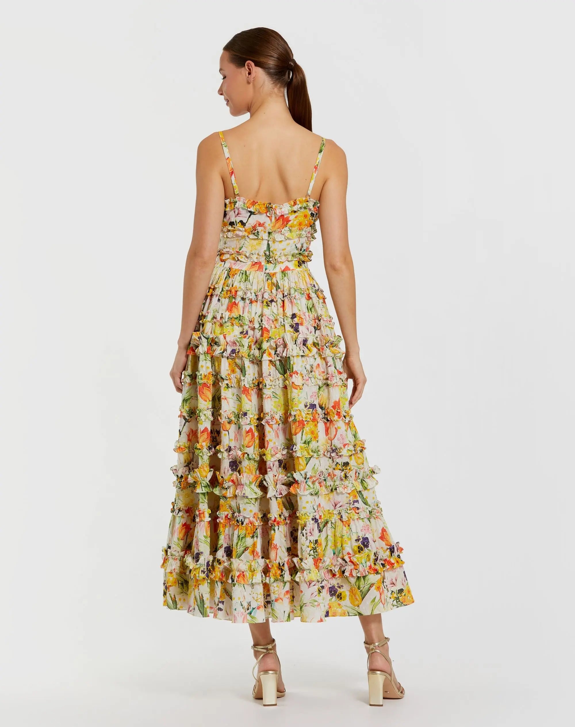 Yellow Floral Printed Micro Ruffle Cotton Midi Dress - Mac Duggal