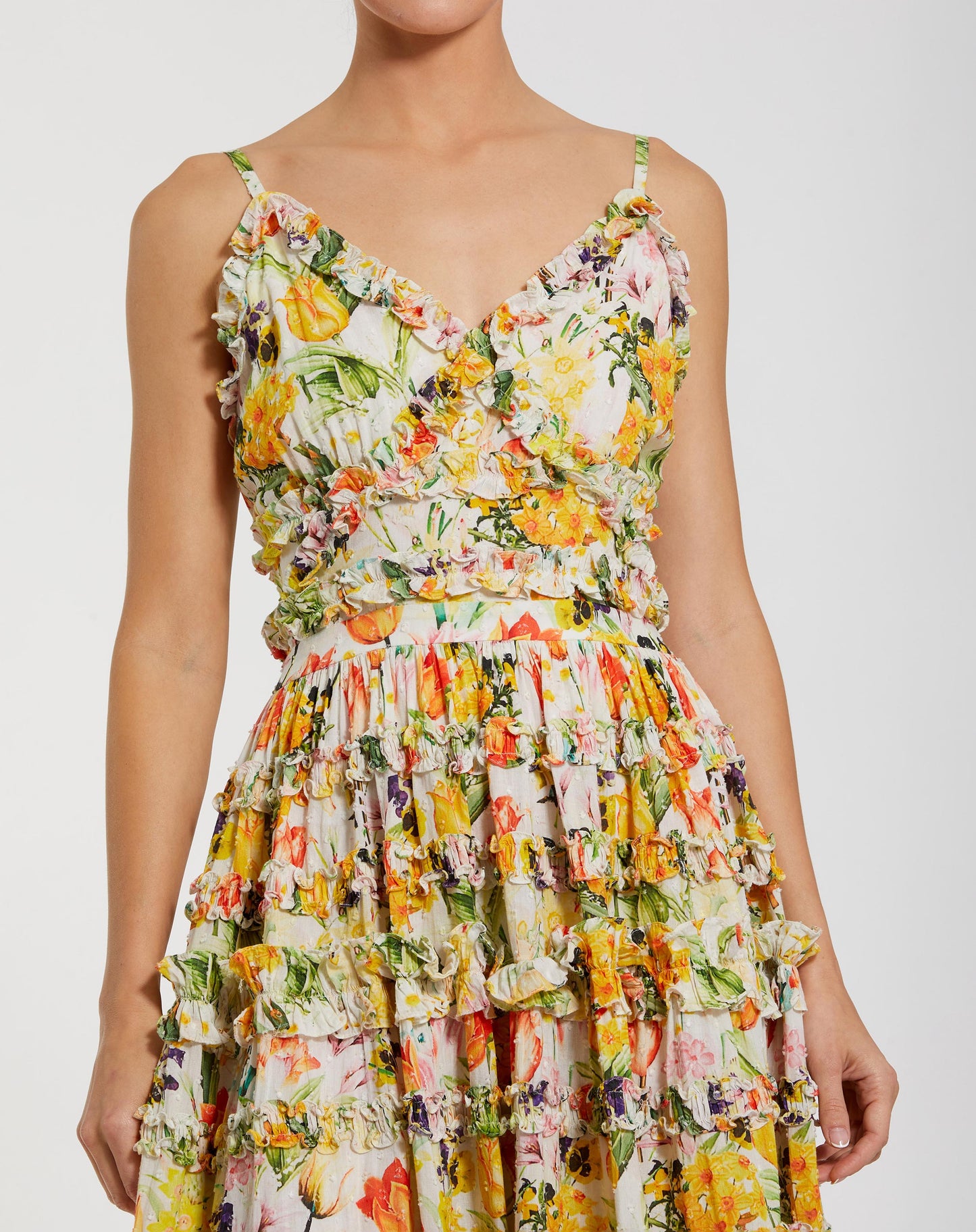 Yellow Floral Printed Micro Ruffle Cotton Midi Dress - Mac Duggal