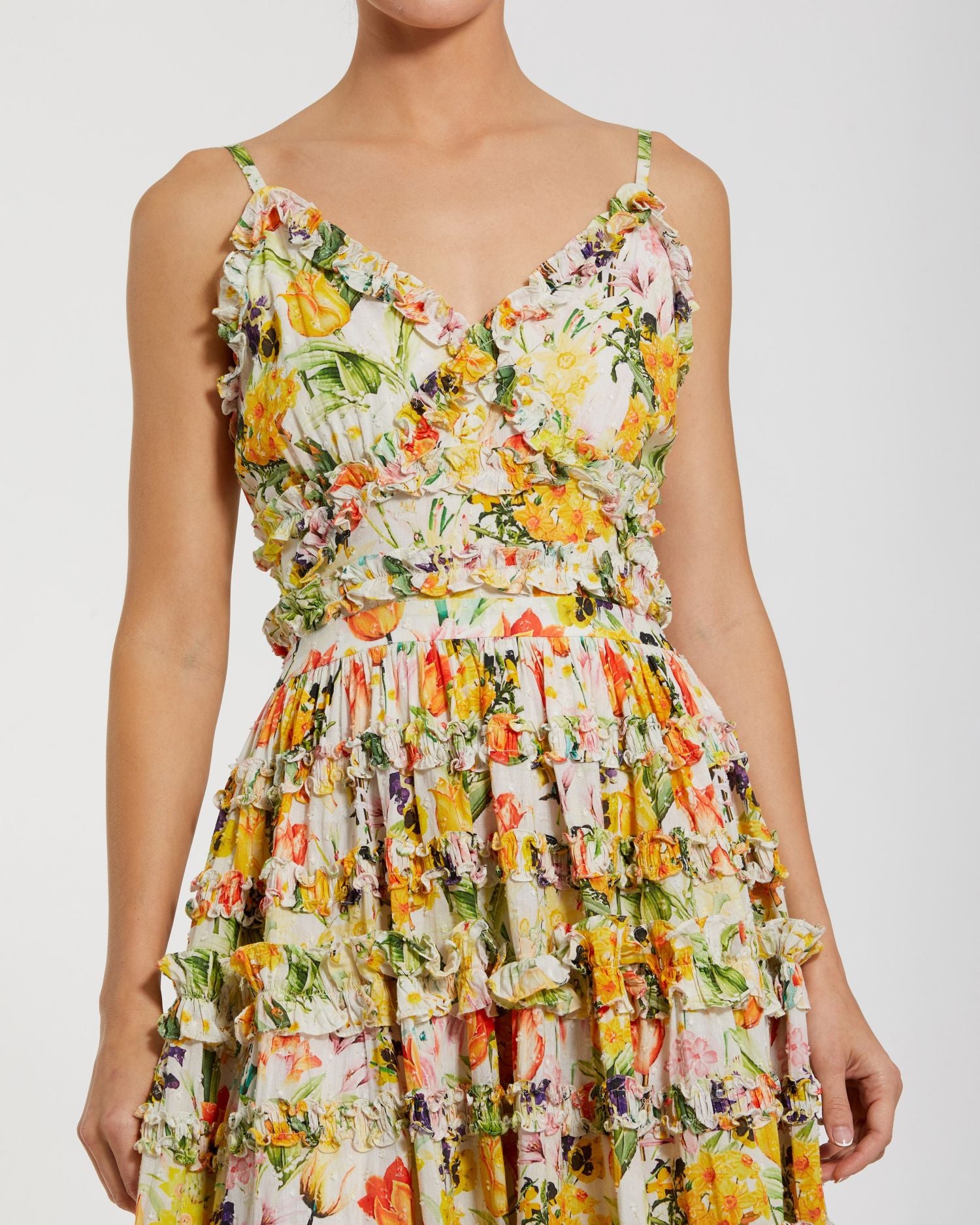 Yellow Floral Printed Micro Ruffle Cotton Midi Dress - Mac Duggal