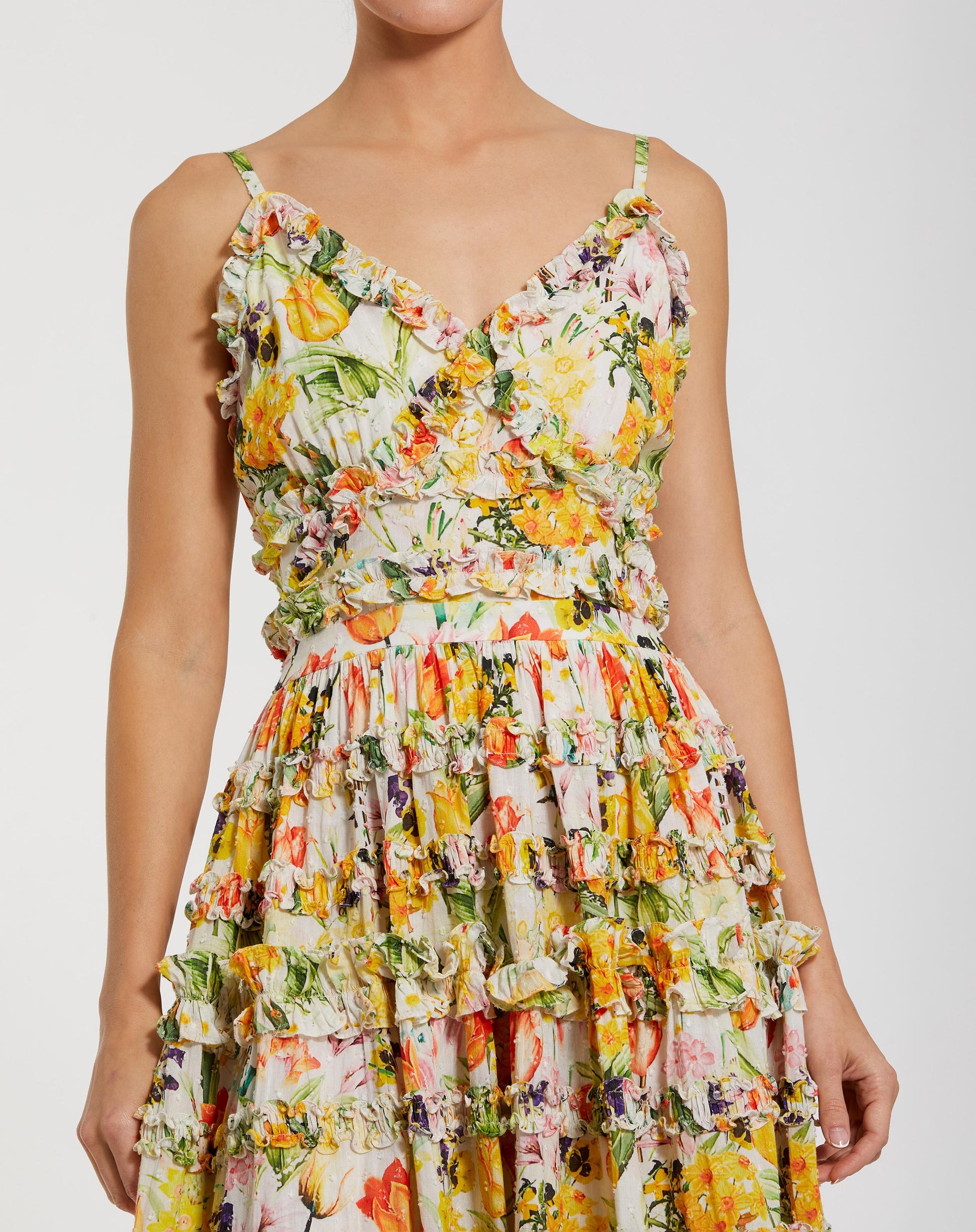 Yellow Floral Printed Micro Ruffle Cotton Midi Dress - Mac Duggal